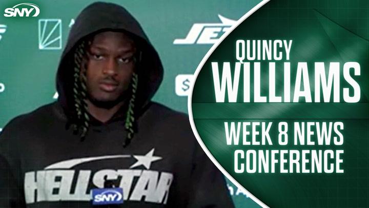 Quincy Williams speaks at Jets conference, stressing focus on fundamentals and gap discipline.