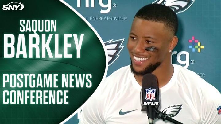 Saquon Barkley speaks at the postgame conference after a vintage performance at MetLife.