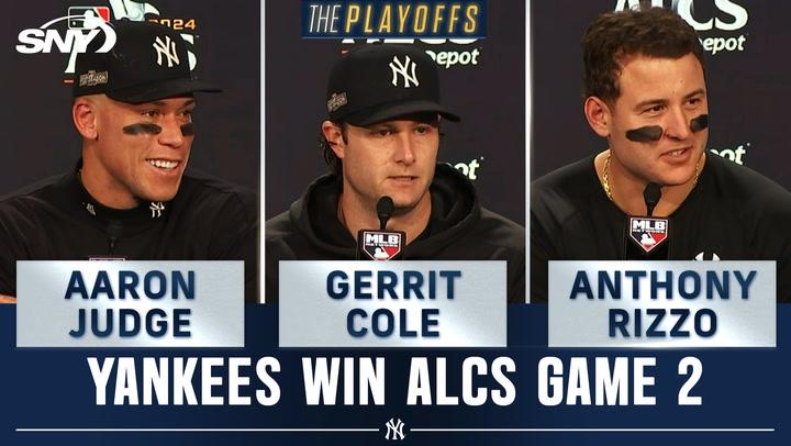 Yankees' Aaron Judge, Gerrit Cole, and Anthony Rizzo discuss ALCS Game 2 win over Guardians.