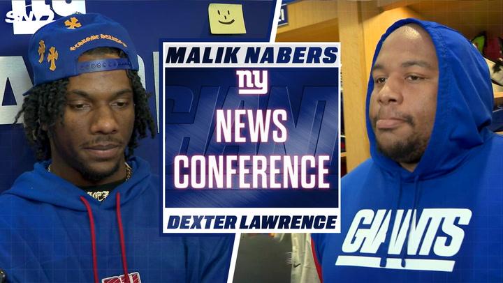 Malik Nabers and Dexter Lawrence at a news conference, discuss calling Giants 'soft'.