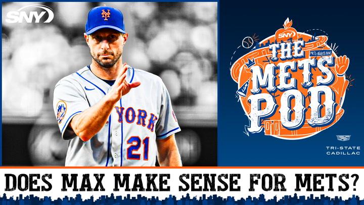 Podcast episode cover discussing a possible Mets reunion with Max Scherzer, recorded at Citi Field.