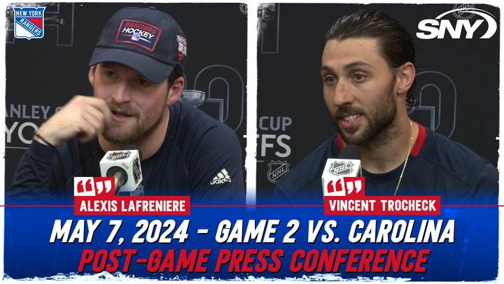 Vincent Trocheck and Alexis Lafreniere talk Rangers' resilience in 2OT victory over Hurricanes