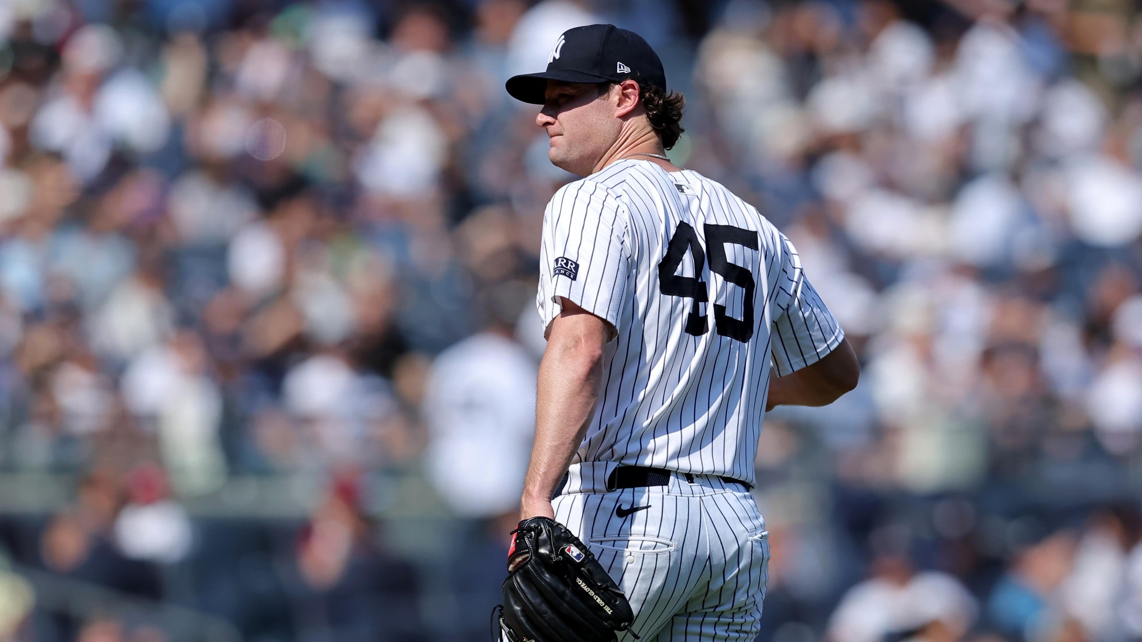 New York Yankees starting pitcher Gerrit Cole (45) reacts during the fifth inning against the Boston Red Sox at Yankee Stadium. / Brad Penner-Imagn Images