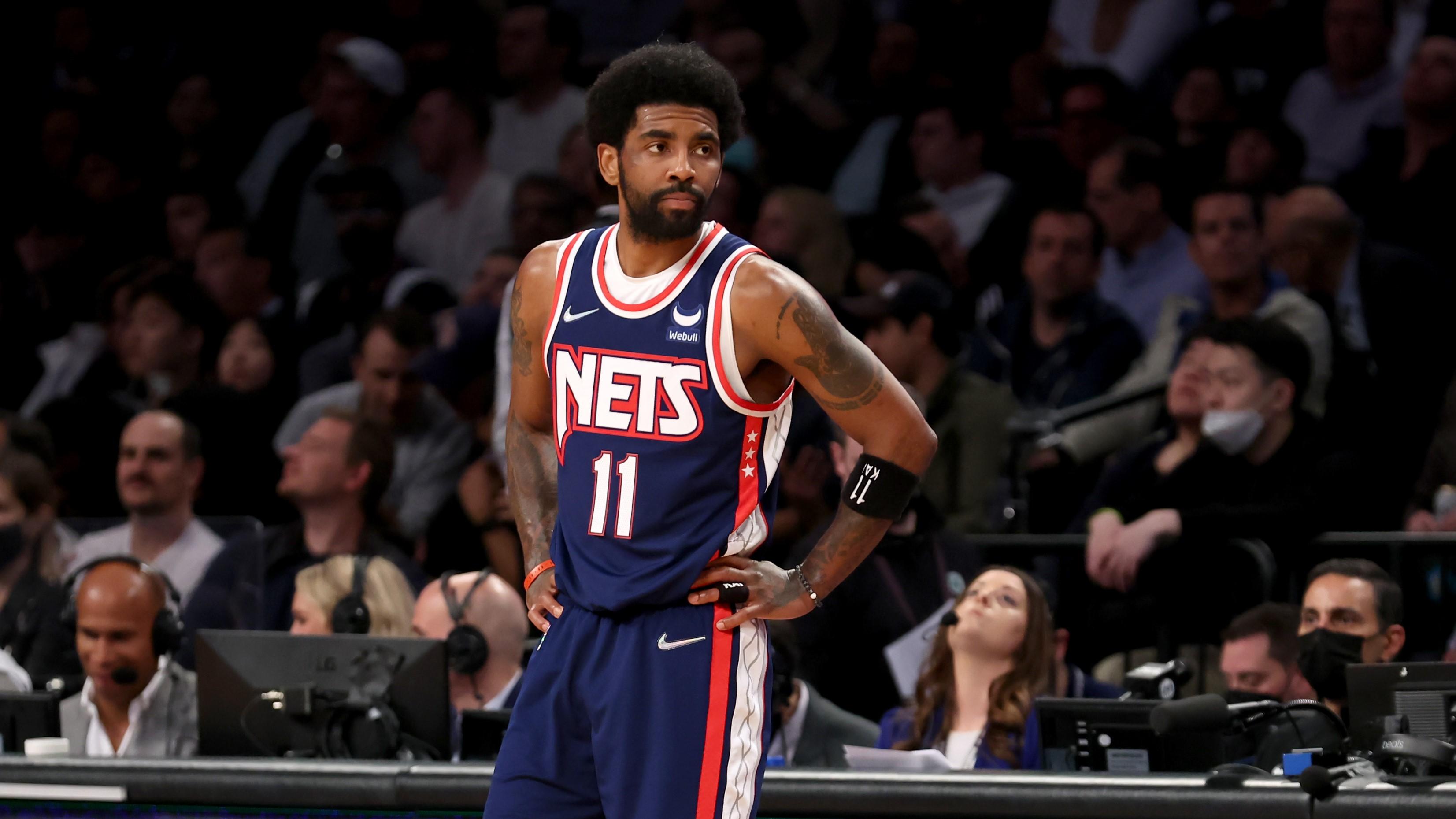 Apr 25, 2022; Brooklyn, New York, USA; Brooklyn Nets guard Kyrie Irving (11) reacts during the second quarter of game four of the first round of the 2022 NBA playoffs against the Boston Celtics at Barclays Center. Mandatory Credit: Brad Penner-USA TODAY Sports