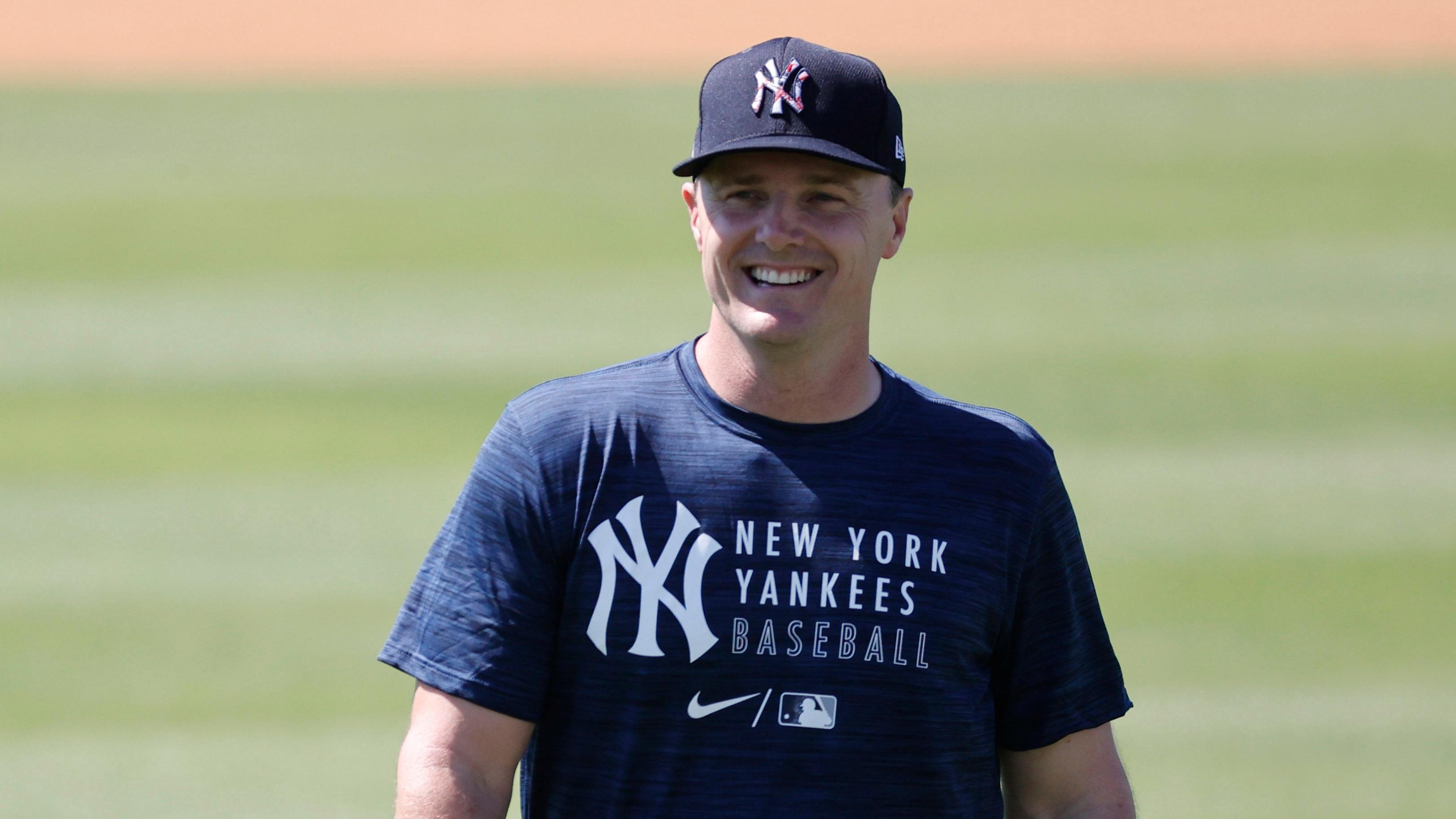 Feb 26, 2021; Tampa, Florida, USA; New York Yankees outfielder Jay Bruce (30) smiles during spring training workouts at George M. Steinbrenner Field