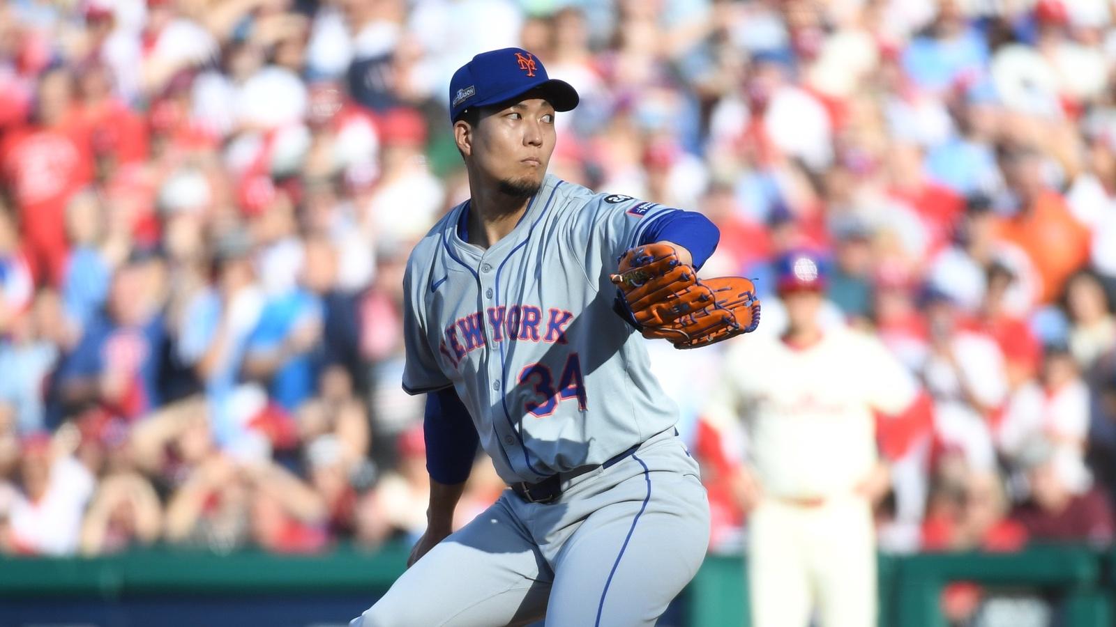 New York Mets pitcher Kodai Senga (34) throws a pitch against the Philadelphia Phillies in the first inning in game one of the NLDS for the 2024 MLB Playoffs at Citizens Bank Park.