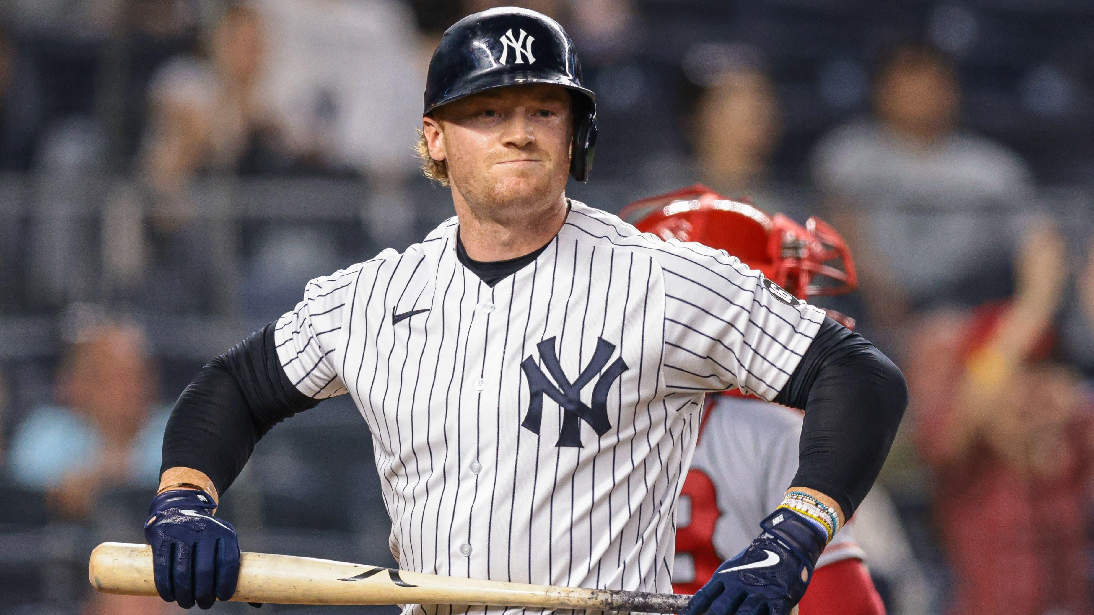 Jun 28, 2021; Bronx, New York, USA; New York Yankees left fielder Clint Frazier (77) reacts after striking out during the seventh inning against the Los Angeles Angels at Yankee Stadium. Mandatory Credit: Vincent Carchietta-USA TODAY Sports / © Vincent Carchietta-USA TODAY Sports