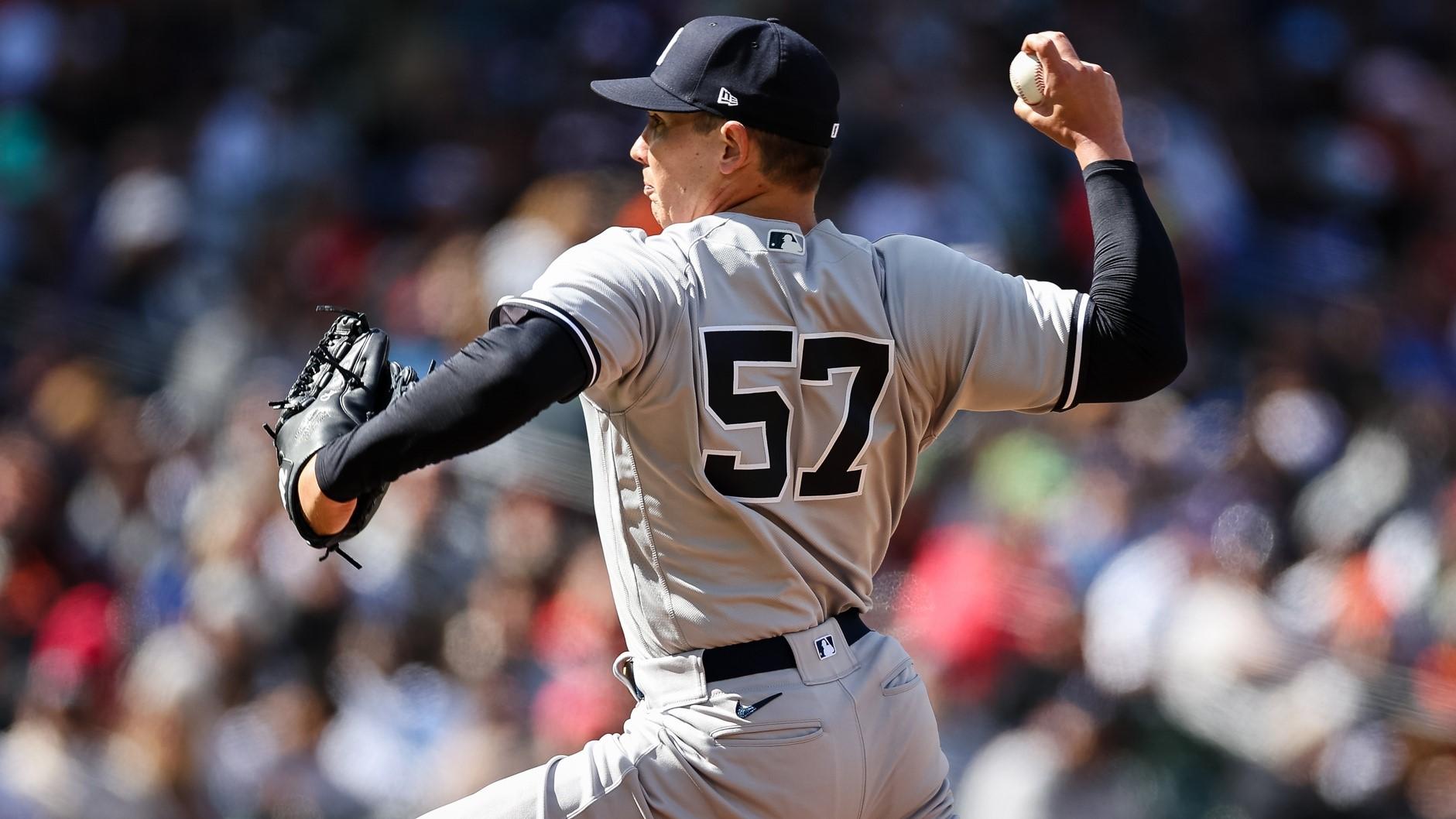 Apr 17, 2022; Baltimore, Maryland, USA; New York Yankees relief pitcher Chad Green (57) pitches against the Baltimore Orioles during the seventh inning at Oriole Park at Camden Yards.