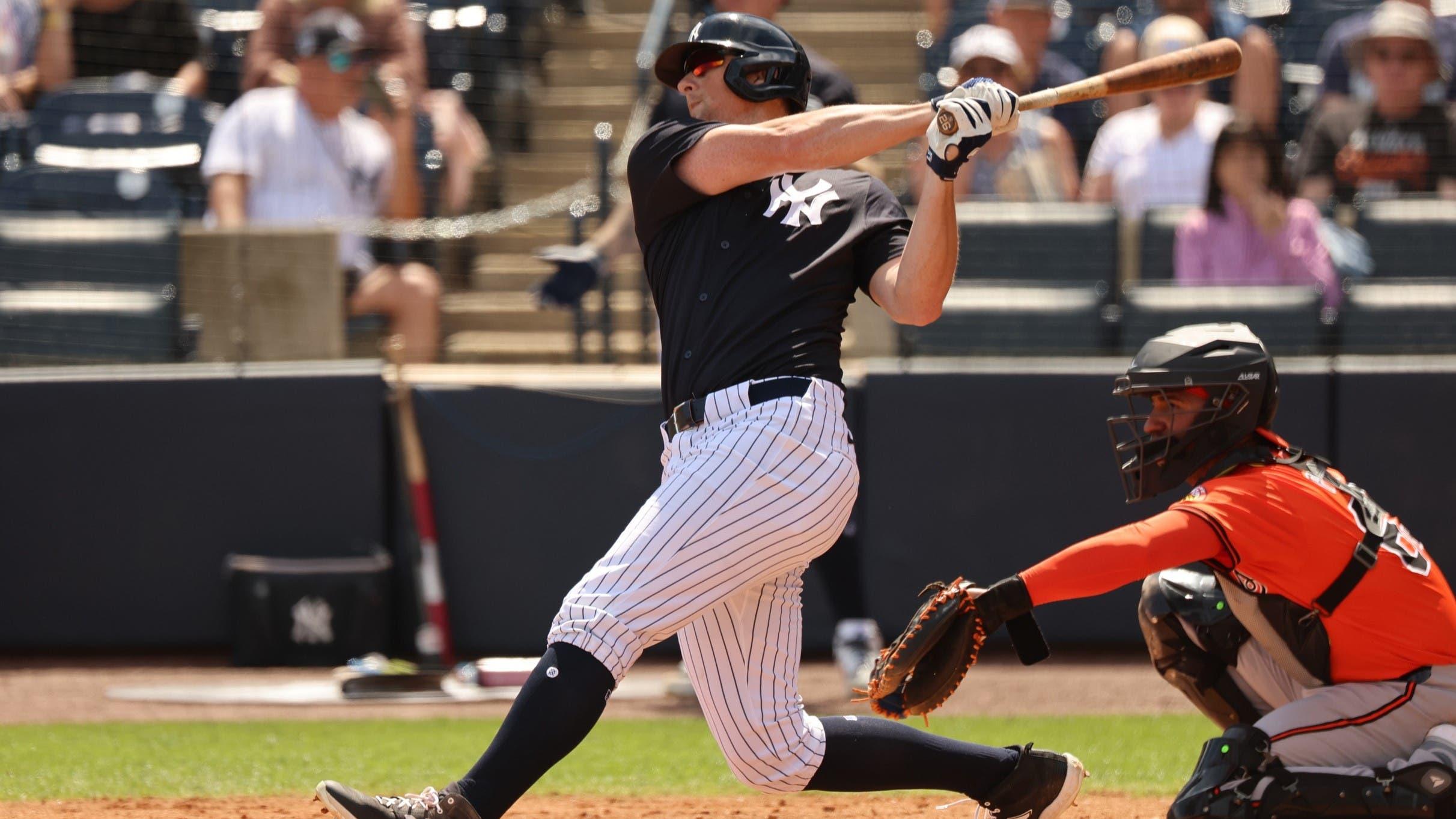 Mar 11, 2024; Tampa, Florida, USA; New York Yankees third baseman DJ LeMahieu (26) singles during the second inning against the Baltimore Orioles at George M. Steinbrenner Field. / Kim Klement Neitzel-USA TODAY Sports