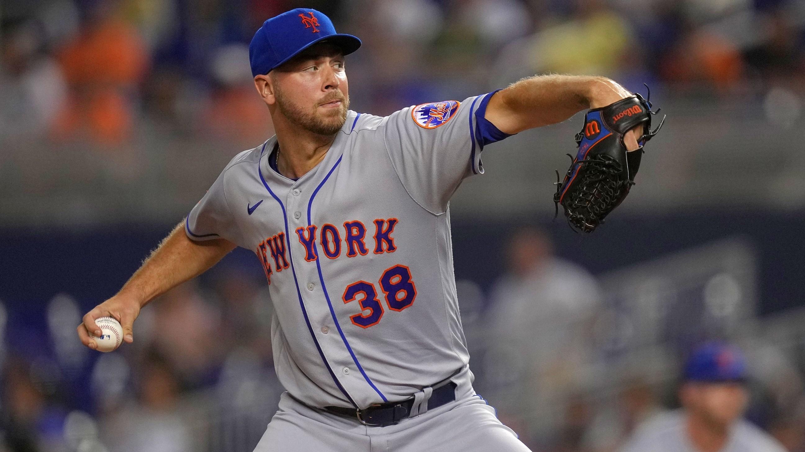 Aug 2, 2021; Miami, Florida, USA; New York Mets starting pitcher Tylor Megill (38) delivers a pitch in the 2nd inning against the Miami Marlins at loanDepot park