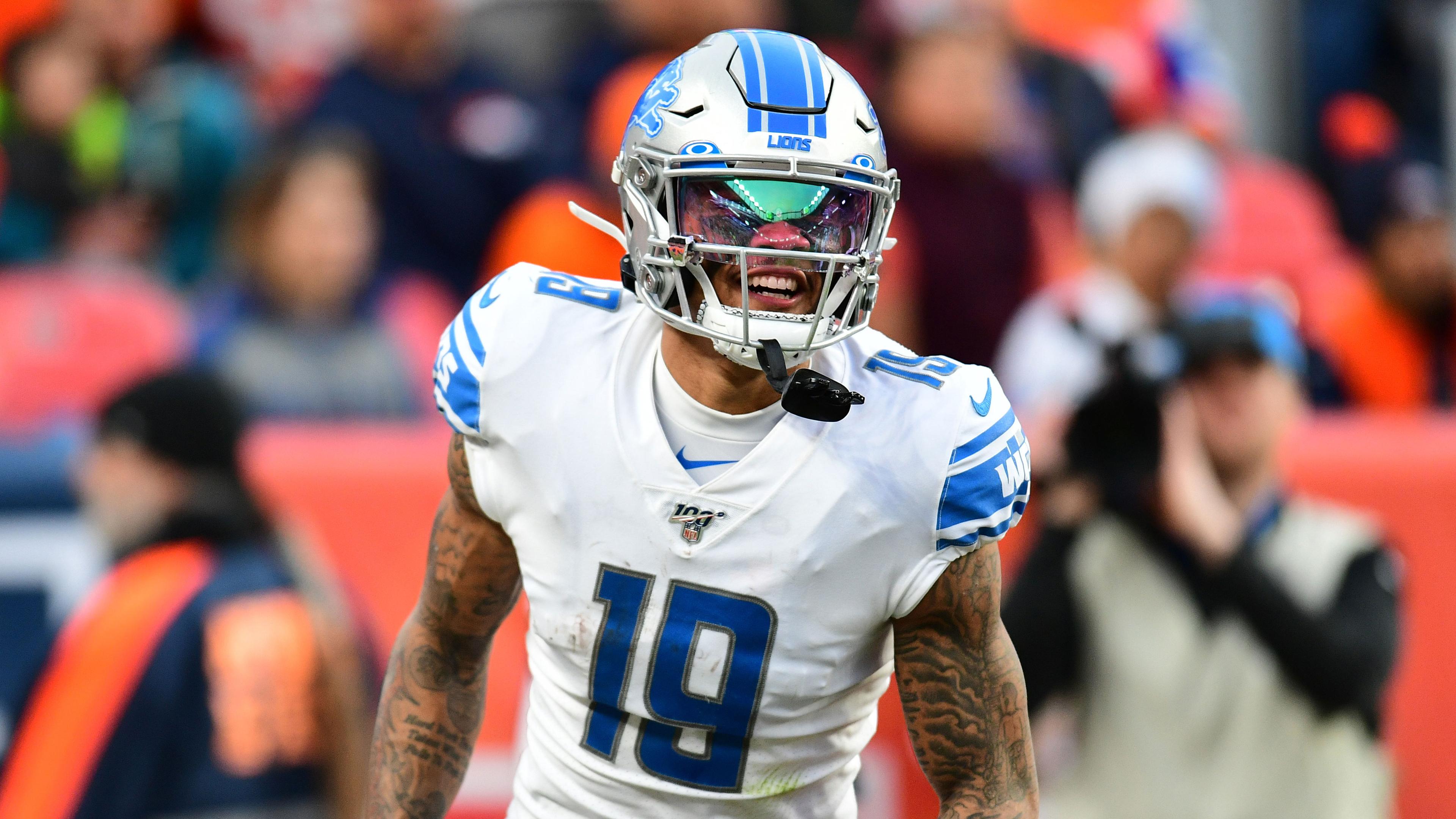 Dec 22, 2019; Denver, Colorado, USA; Detroit Lions wide receiver Kenny Golladay (19) celebrates his touchdown reception in the third quarter against the Denver Broncos at Empower Field at Mile High.