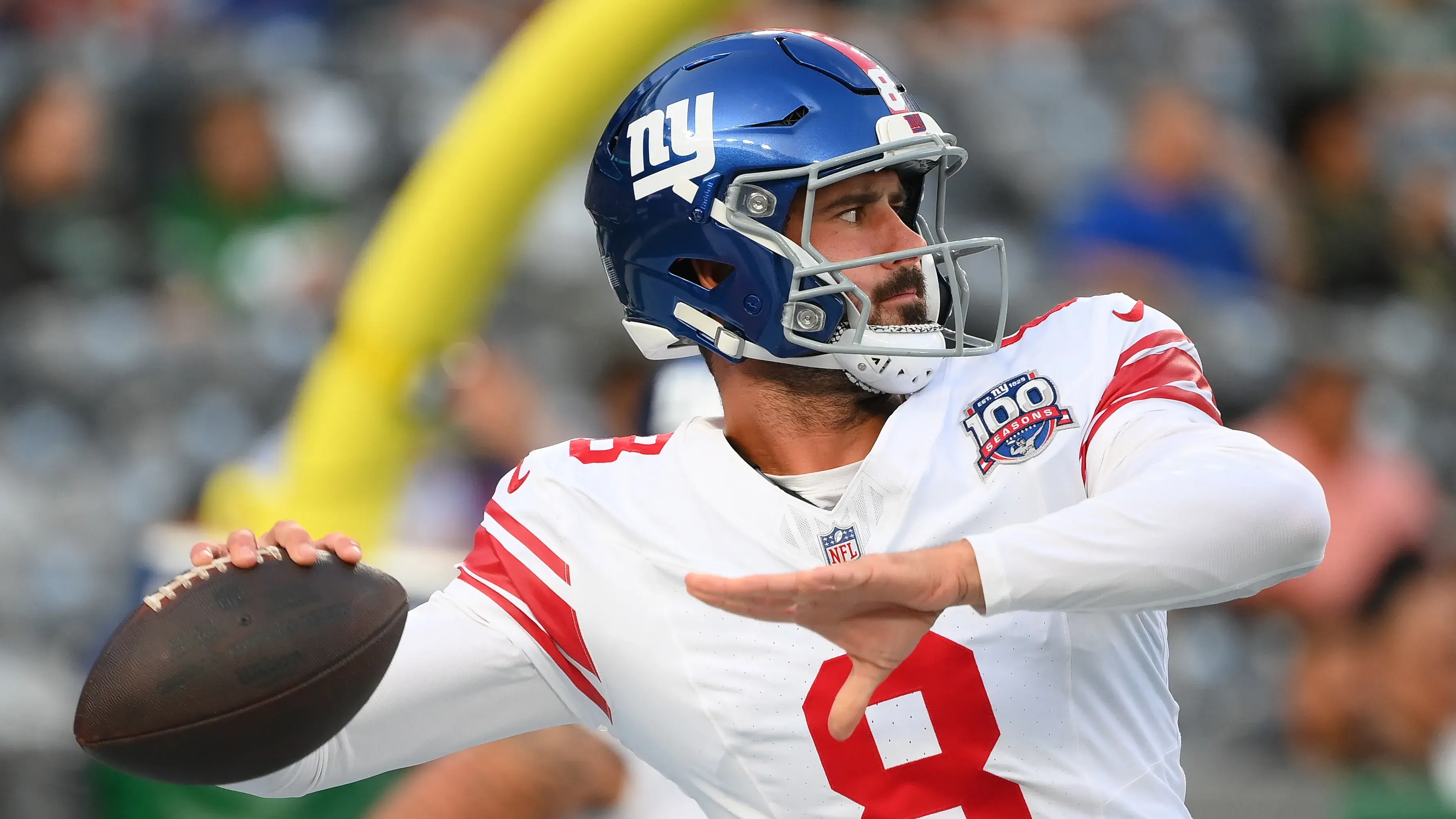 New York Giants quarterback Daniel Jones (8) warms up prior to the game against the New York Jets at MetLife Stadium. / Rich Barnes - Imagn Images