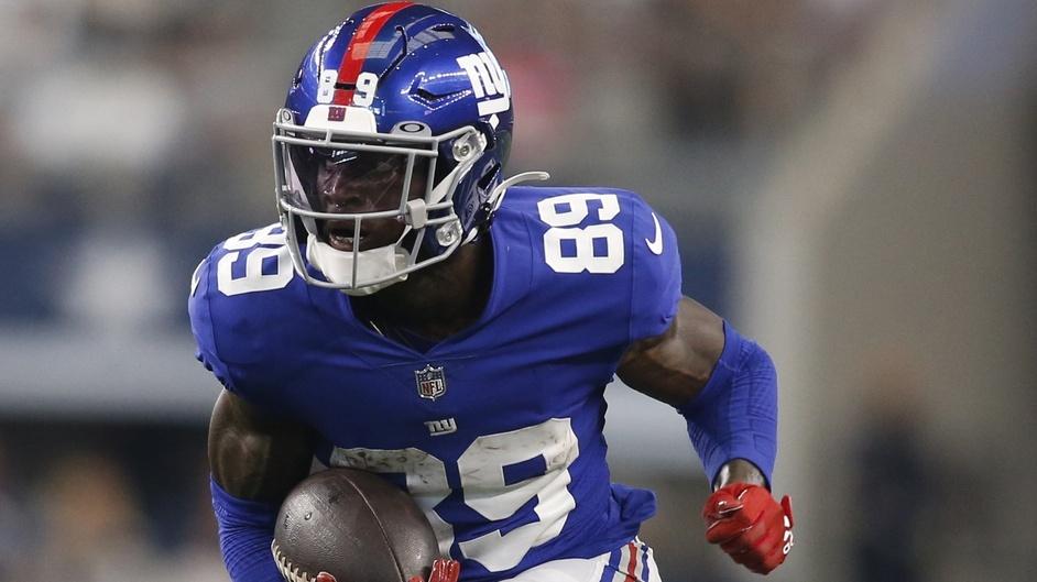 Oct 10, 2021; Arlington, Texas, USA; New York Giants wide receiver Kadarius Toney (89) runs after making a catch in the second quarter against the Dallas Cowboys at AT&T Stadium.