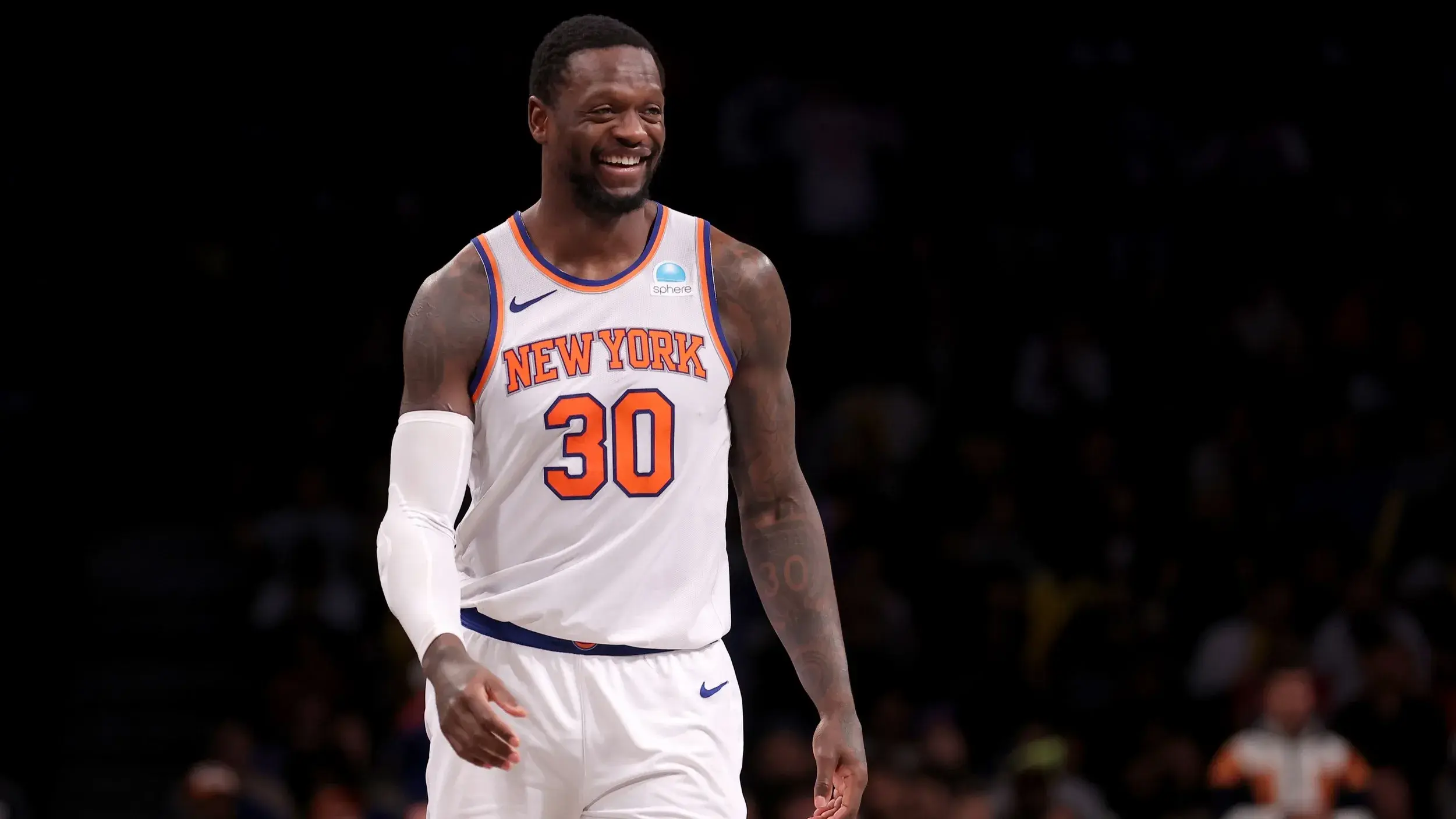 Dec 20, 2023; Brooklyn, New York, USA; New York Knicks forward Julius Randle (30) reacts during the fourth quarter against the Brooklyn Nets at Barclays Center. / Brad Penner-USA TODAY Sports