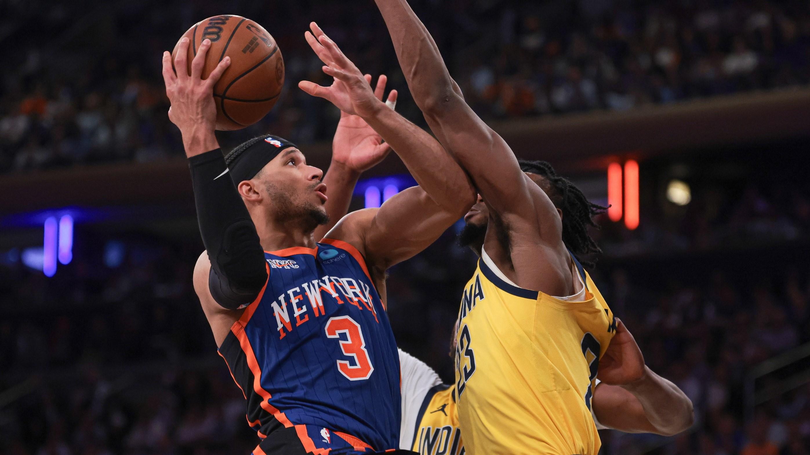 May 14, 2024; New York, New York, USA; New York Knicks guard Josh Hart (3) drives for a shot against Indiana Pacers forward Aaron Nesmith (23) and center Myles Turner (33) during the second half during game five of the second round for the 2024 NBA playoffs at Madison Square Garden. 