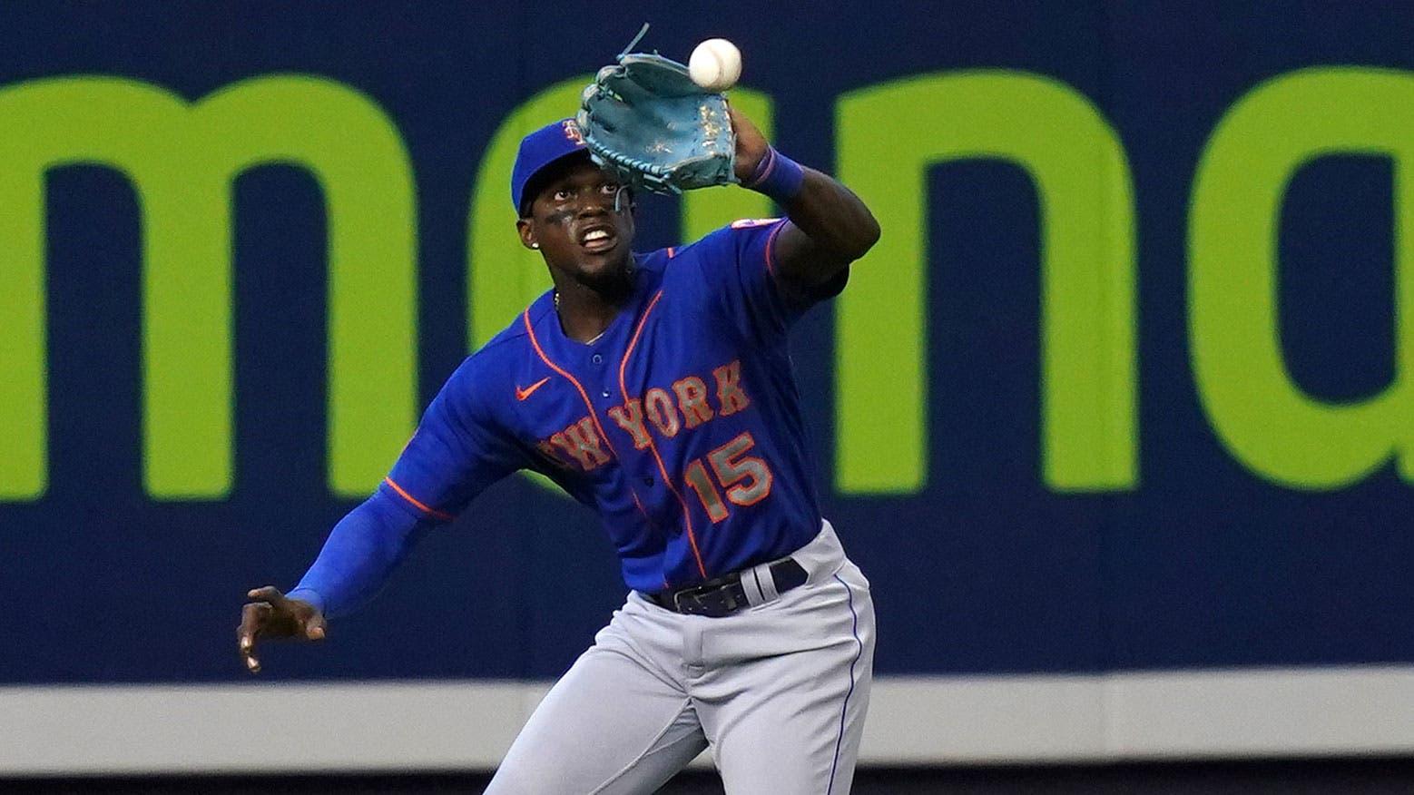 May 23, 2021; Miami, Florida, USA; New York Mets left fielder Cameron Maybin (15) catches the fly ball hit by Miami Marlins first baseman Jesus Aguilar (24, not pictured) in the 1st inning at loanDepot park. / Jasen Vinlove-USA TODAY Sports