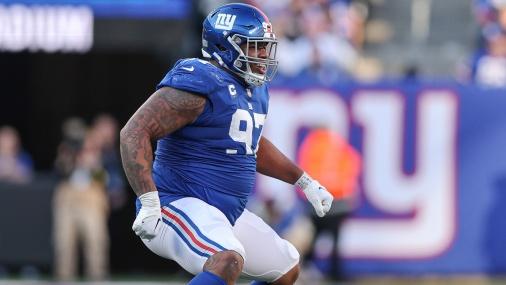 New York Giants defensive tackle Dexter Lawrence (97) celebrates a defensive stop during the second half against the Indianapolis Colts at MetLife Stadium