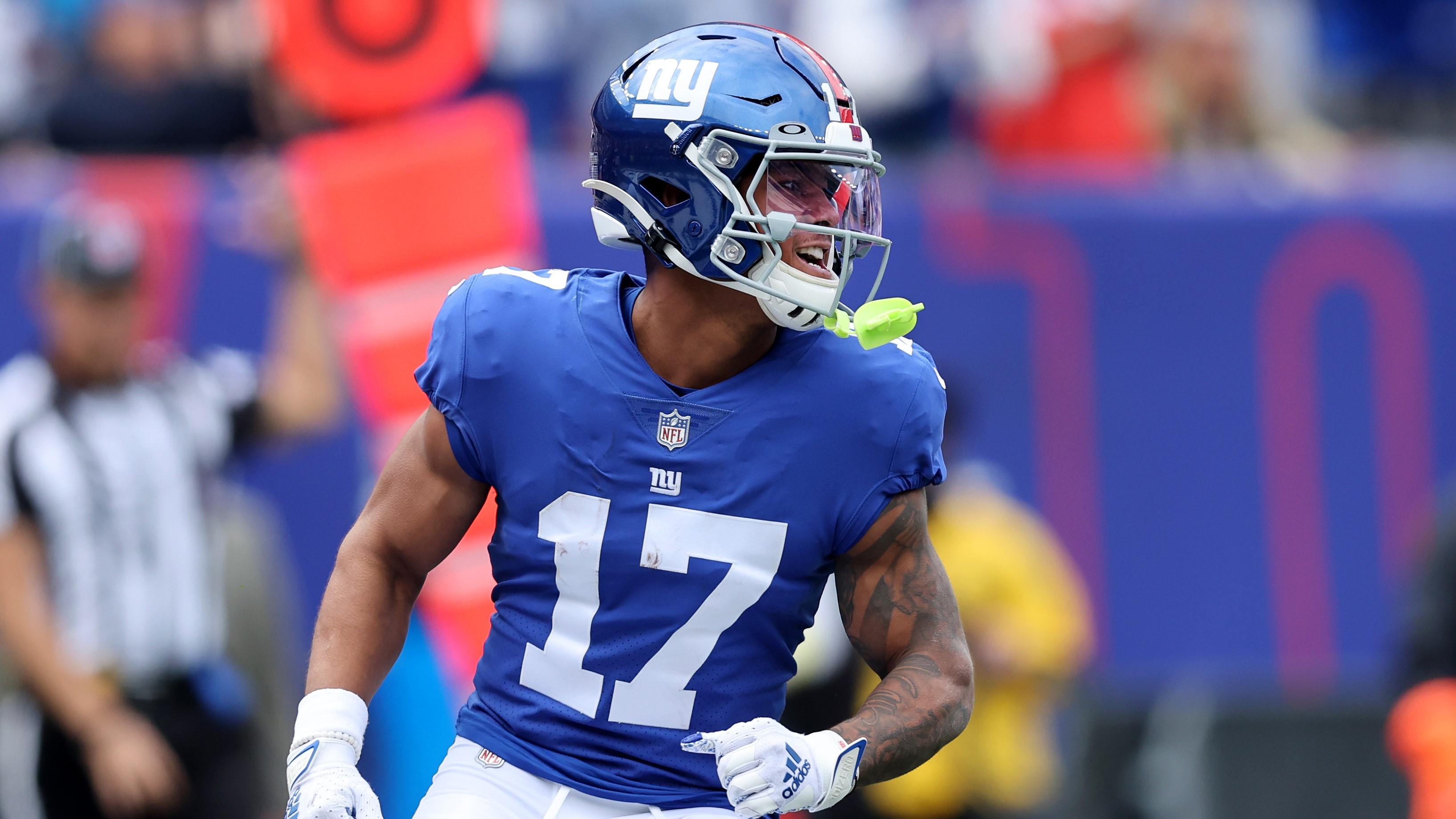 Oct 16, 2022; East Rutherford, New Jersey, USA; New York Giants wide receiver Wan'Dale Robinson (17) reacts during the second quarter against the Baltimore Ravens at MetLife Stadium. Mandatory Credit: Brad Penner-USA TODAY Sports