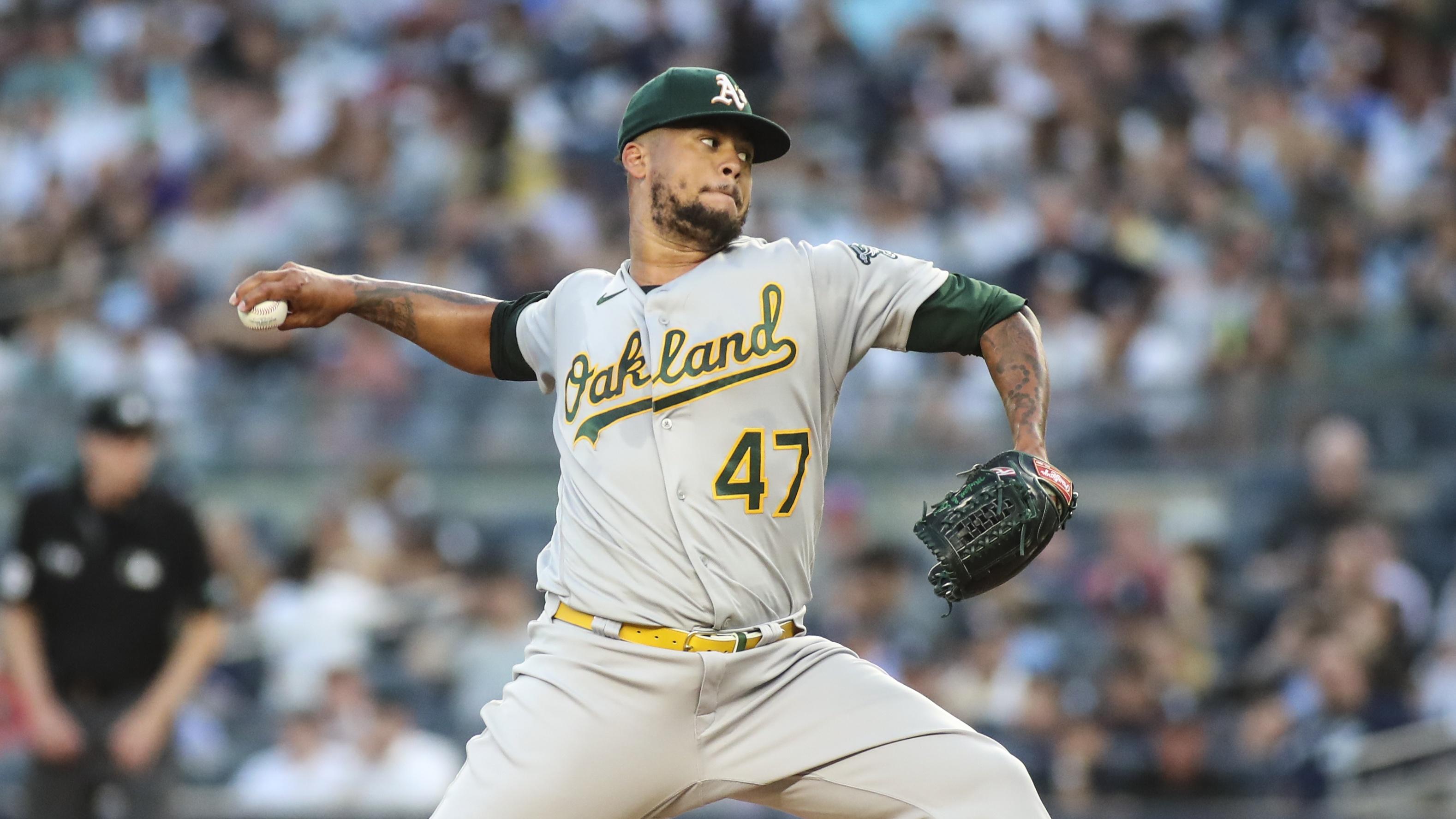 Jun 28, 2022; Bronx, New York, USA; Oakland Athletics starting pitcher Frankie Montas (47) pitches in the third inning against the New York Yankees at Yankee Stadium. Mandatory Credit: Wendell Cruz-USA TODAY Sports