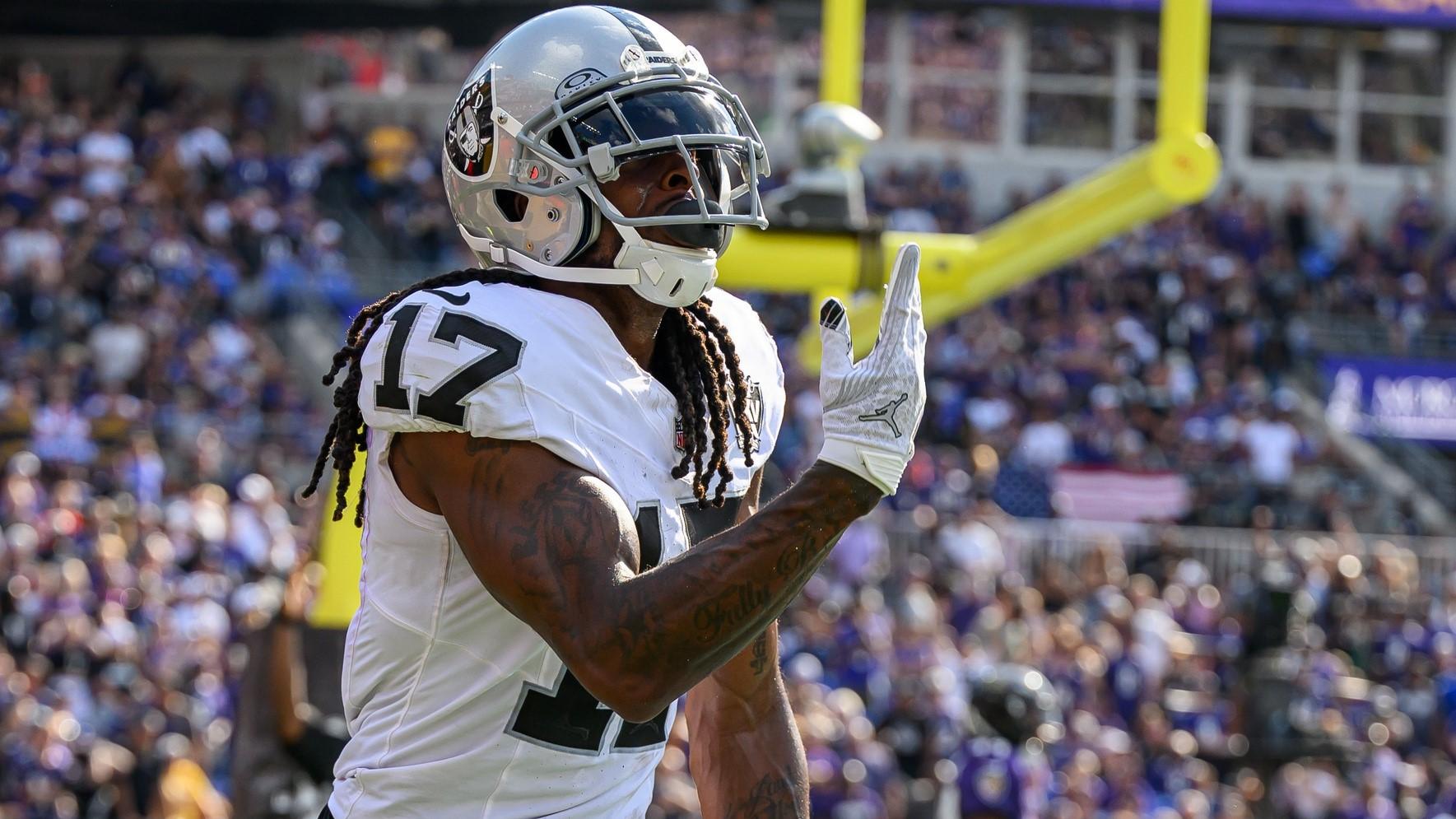 Sep 15, 2024; Baltimore, Maryland, USA; Las Vegas Raiders wide receiver Davante Adams (17) celebrates after scoring a touchdown during the second half against the Baltimore Ravens at M&T Bank Stadium.