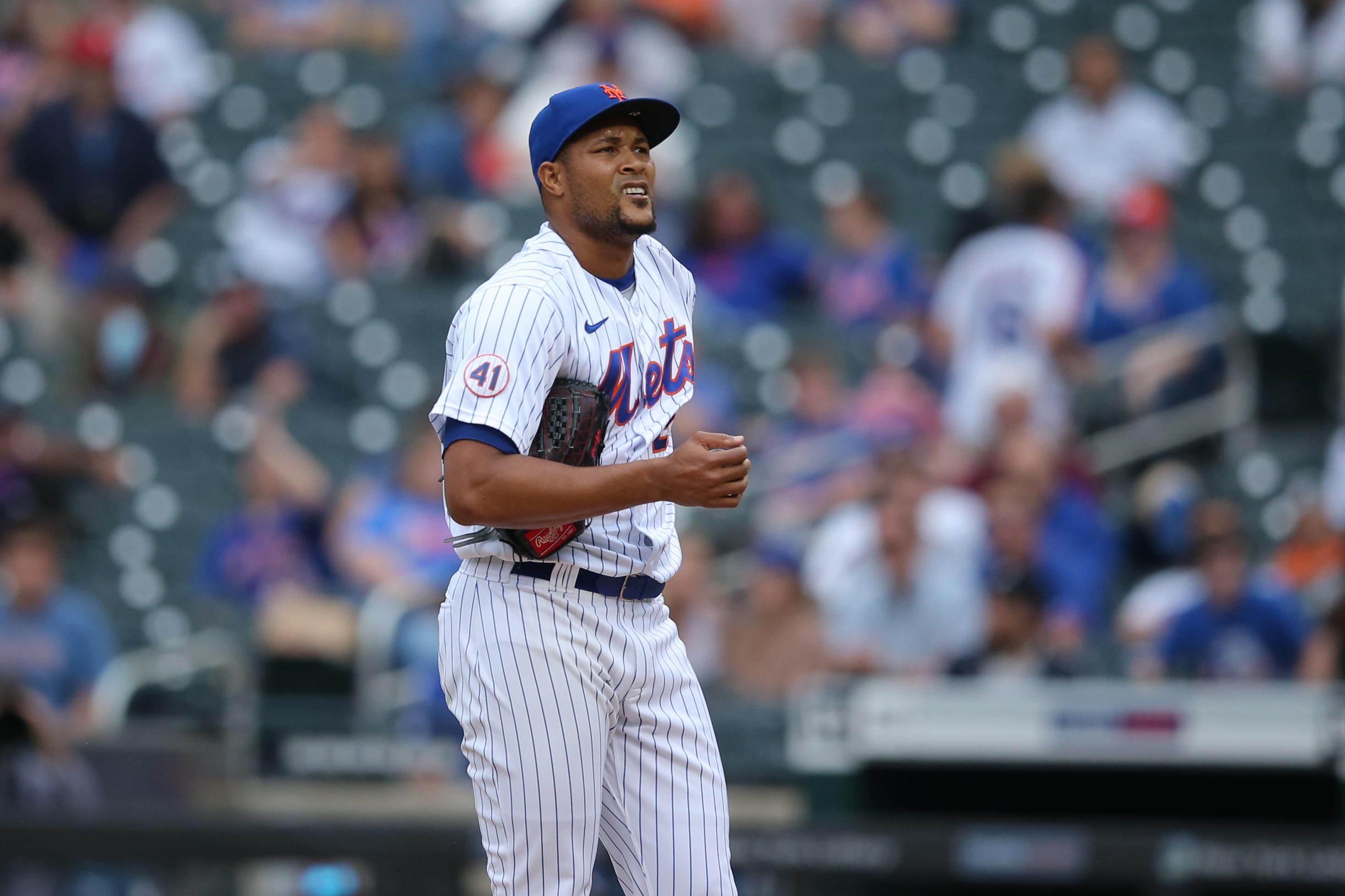 Jun 13, 2021; New York City, New York, USA; New York Mets relief pitcher Jeurys Familia (27) reacts during the seventh inning against the San Diego Padres at Citi Field.