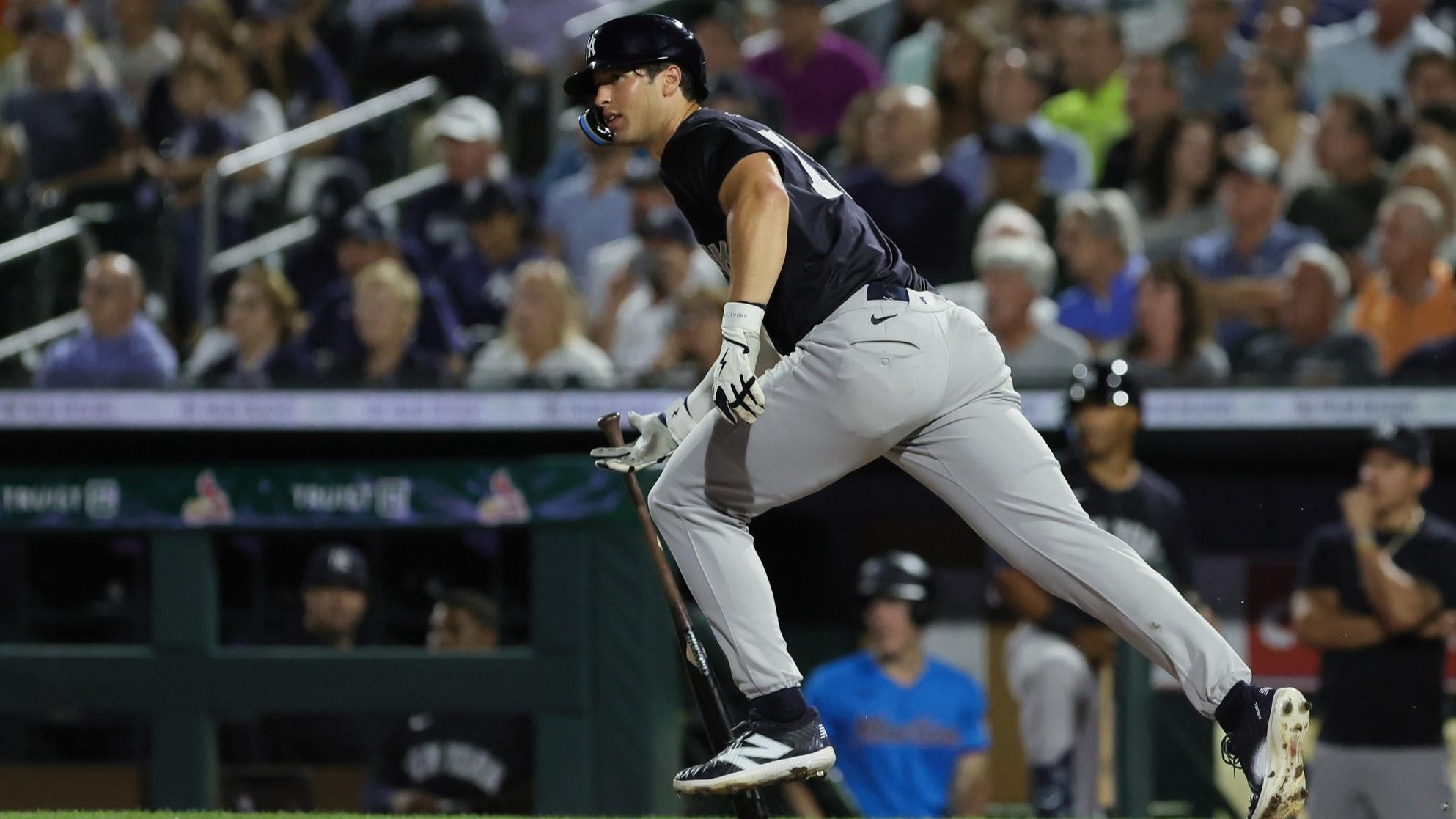 Mar 4, 2024; Jupiter, Florida, USA; New York Yankees outfielder Spencer jones (78) hits a single against the Miami Marlins during the fifth inning at Roger Dean Chevrolet Stadium.