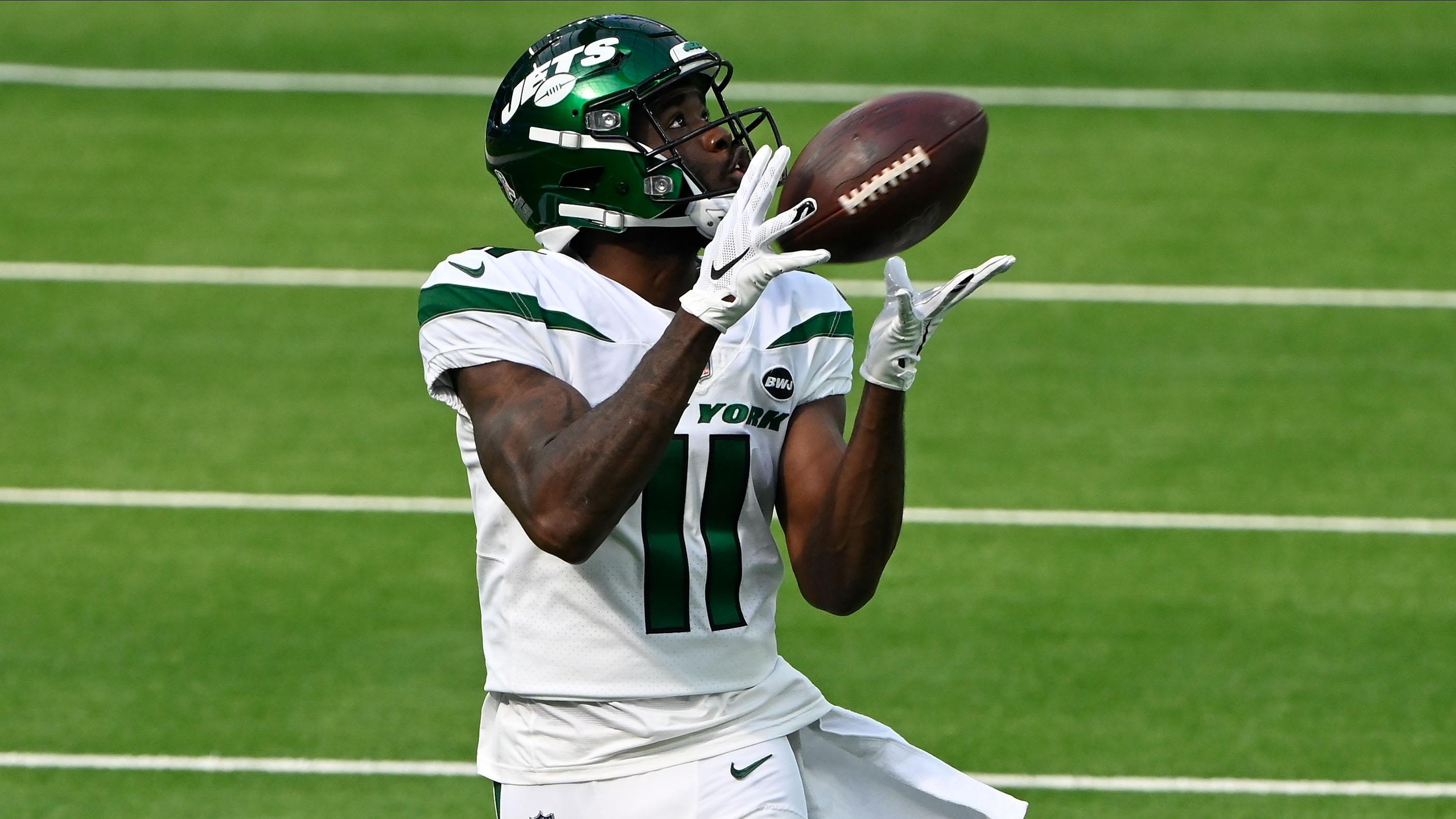 Nov 22, 2020; Inglewood, California, USA; New York Jets wide receiver Denzel Mims (11) makes a catch during pre-game warmups before playing the Los Angeles Chargers at SoFi Stadium.