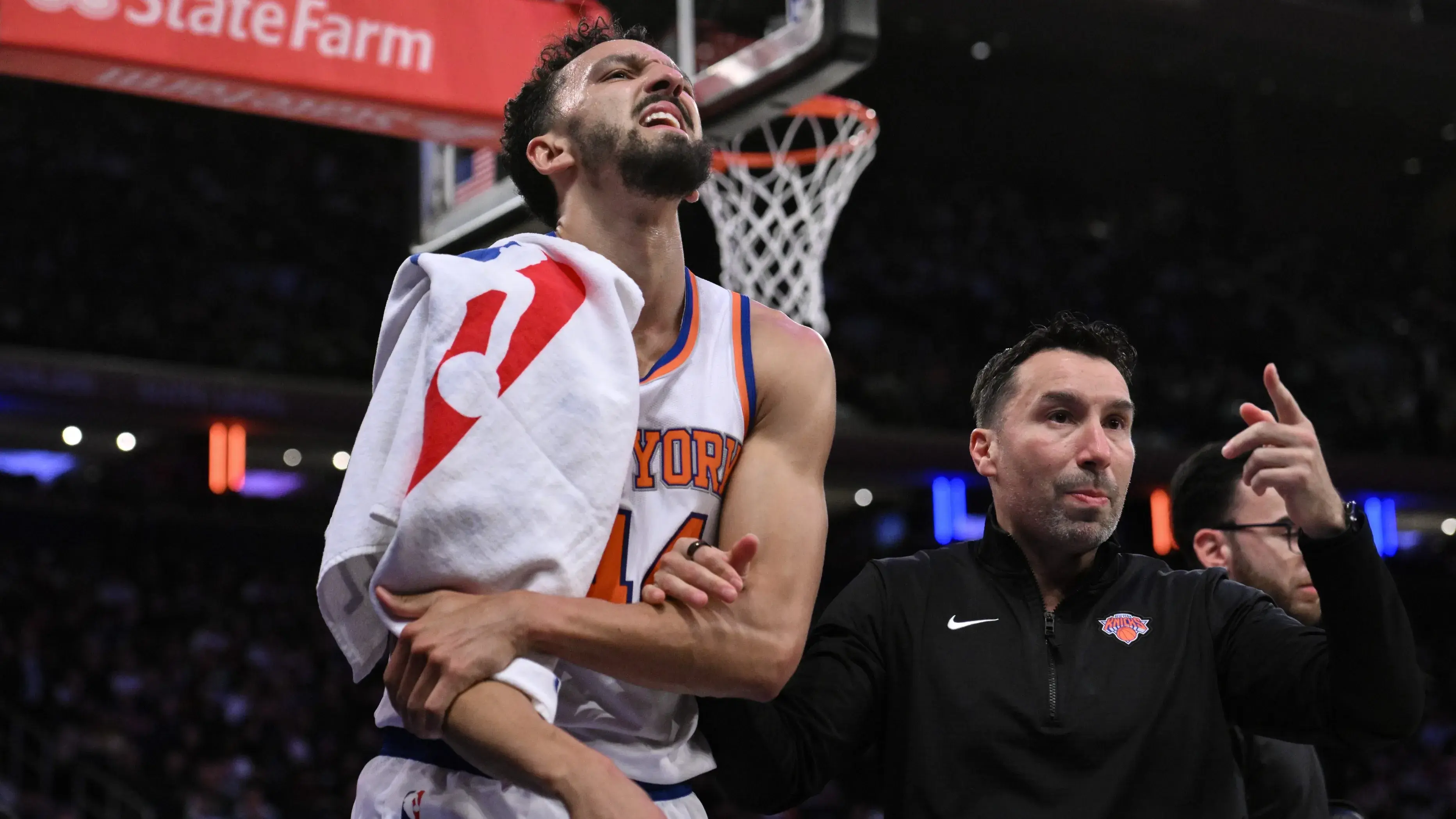 Oct 15, 2024; New York, New York, USA; New York Knicks guard Landry Shamet (44) heads to the locker room after an injury during the second half against the Charlotte Hornets at Madison Square Garden. / John Jones-Imagn Images