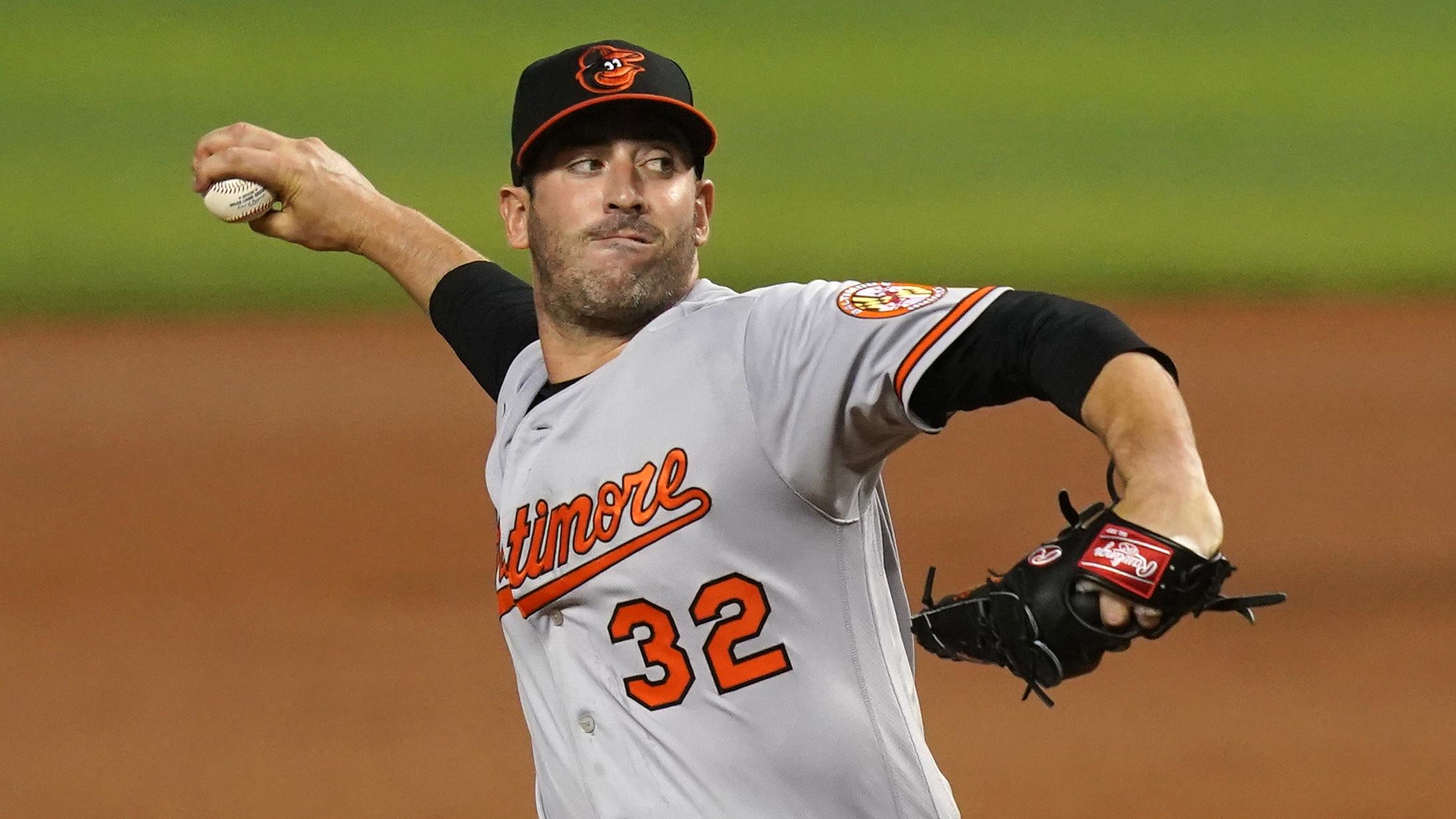 Apr 20, 2021; Miami, Florida, USA; Baltimore Orioles starting pitcher Matt Harvey (32) delivers a pitch in the 2nd inning against the Miami Marlins at loanDepot park.