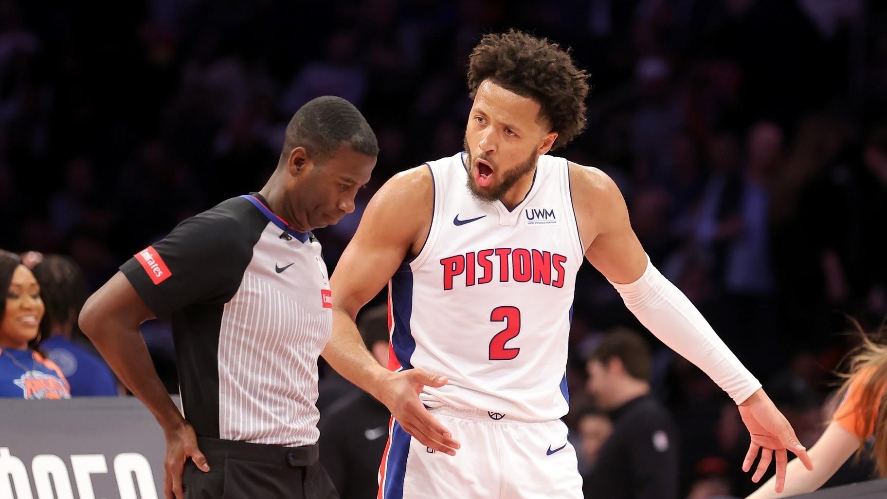 Detroit Pistons guard Cade Cunningham (2) argues with referee James Williams (60) between the third and fourth quarters against the New York Knicks at Madison Square Garden.