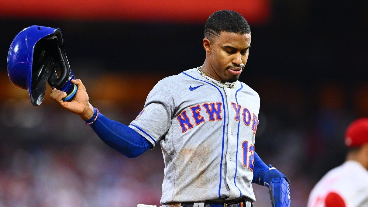 New York Mets shortstop Francisco Lindor (12) reacts against the Philadelphia Phillies after the final out in the fourth inning.