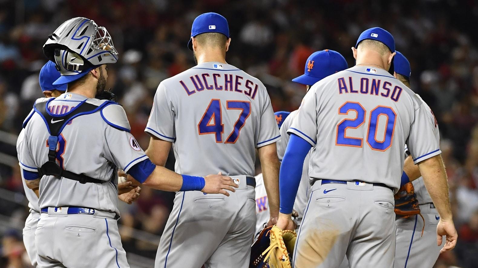 Jun 18, 2021; Washington, District of Columbia, USA; New York Mets starting pitcher Joey Lucchesi (47) is removed from the game during the eighth inning at Nationals Park.