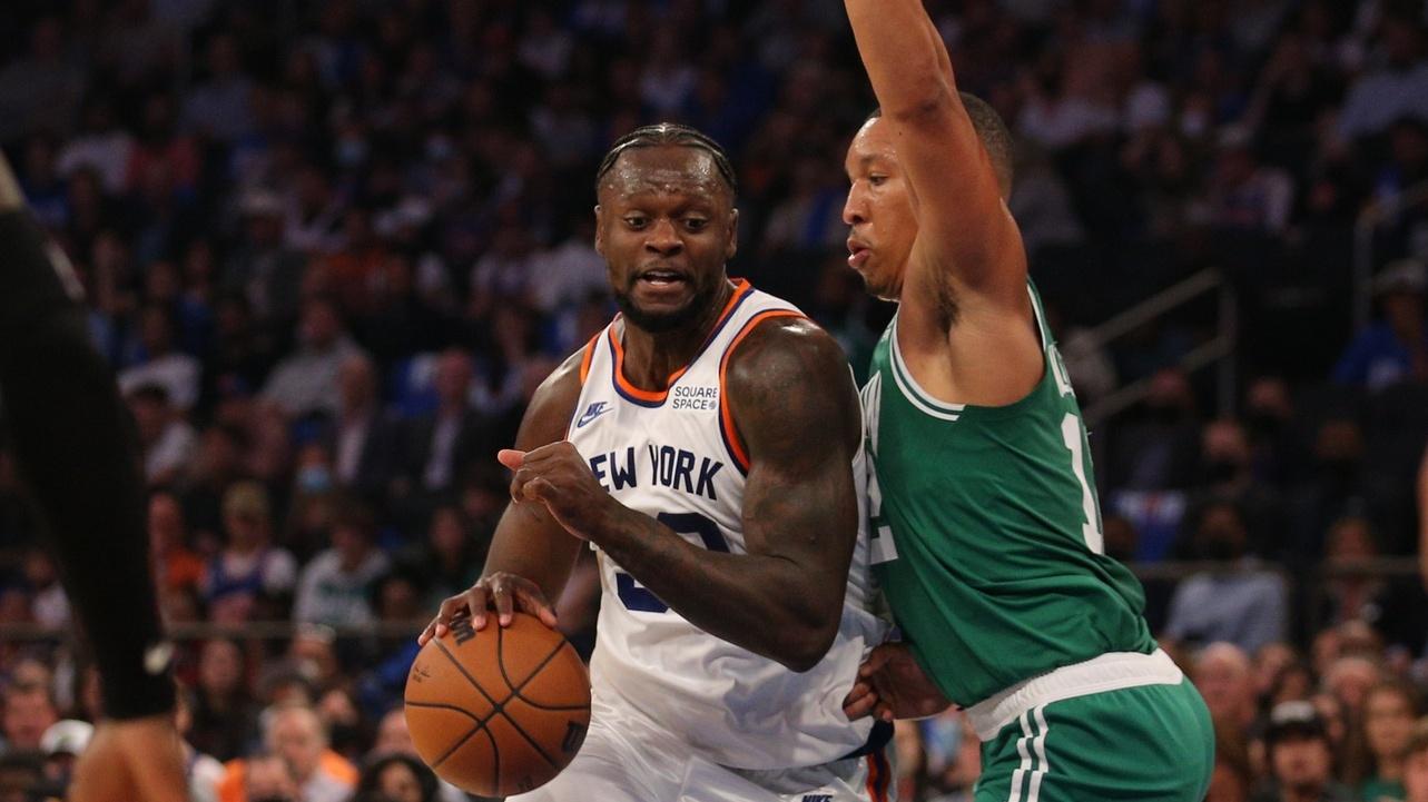 Oct 20, 2021; New York, New York, USA; New York Knicks forward Julius Randle (30) drives to the basket against Boston Celtics forward Grant Williams (12) during the first quarter at Madison Square Garden.