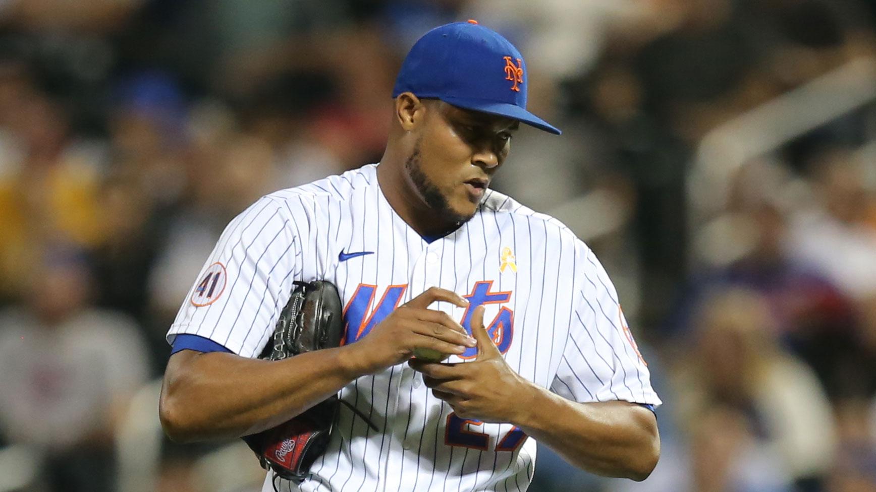 Sep 14, 2021; New York City, New York, USA; New York Mets relief pitcher Jeurys Familia (27) reacts during the eighth inning against the St. Louis Cardinals at Citi Field.