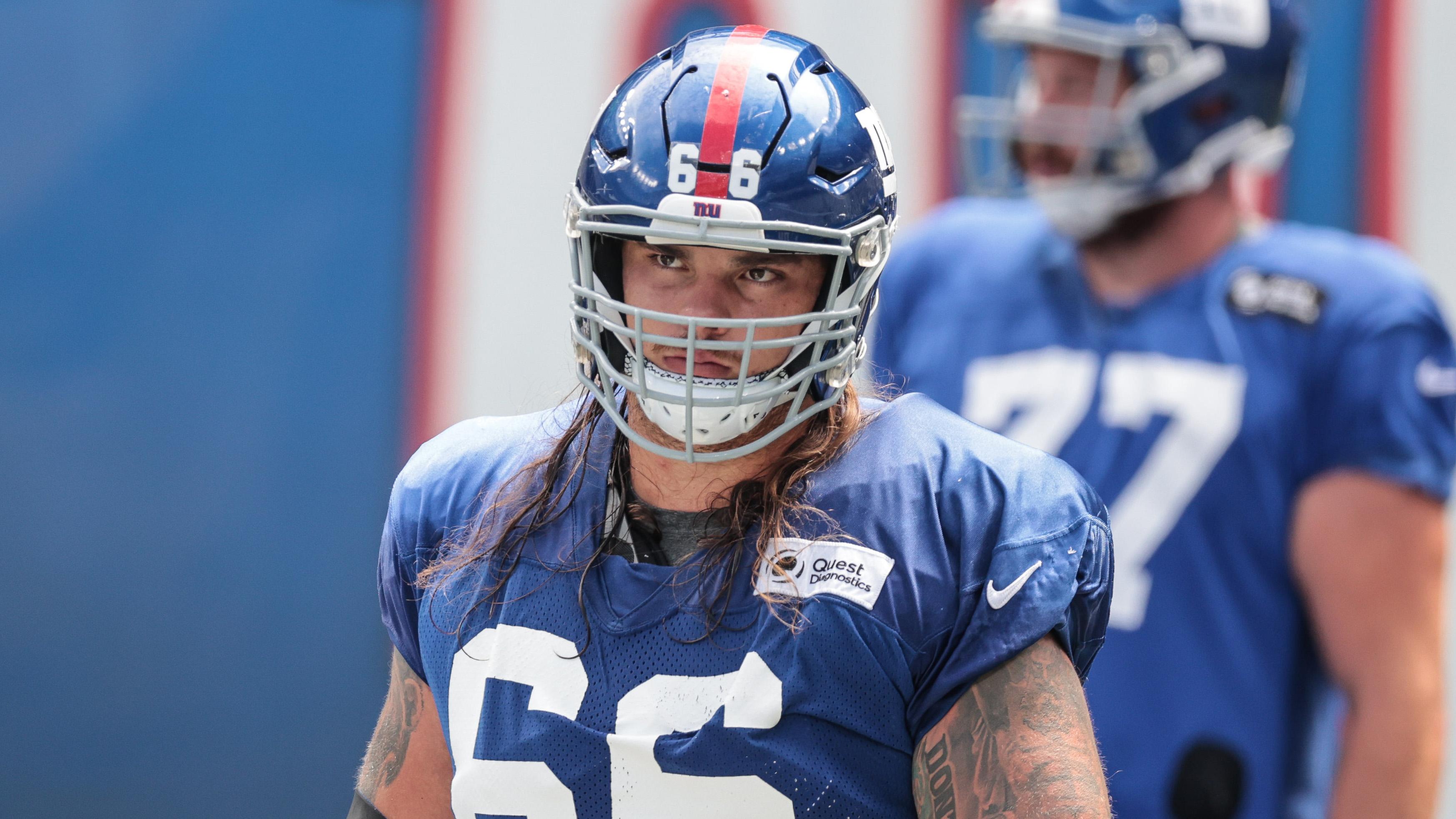 Sep 3, 2020; East Rutherford, New Jersey, USA; New York Giants guard Shane Lemieux (66) during the Blue-White Scrimmage at MetLife Stadium.