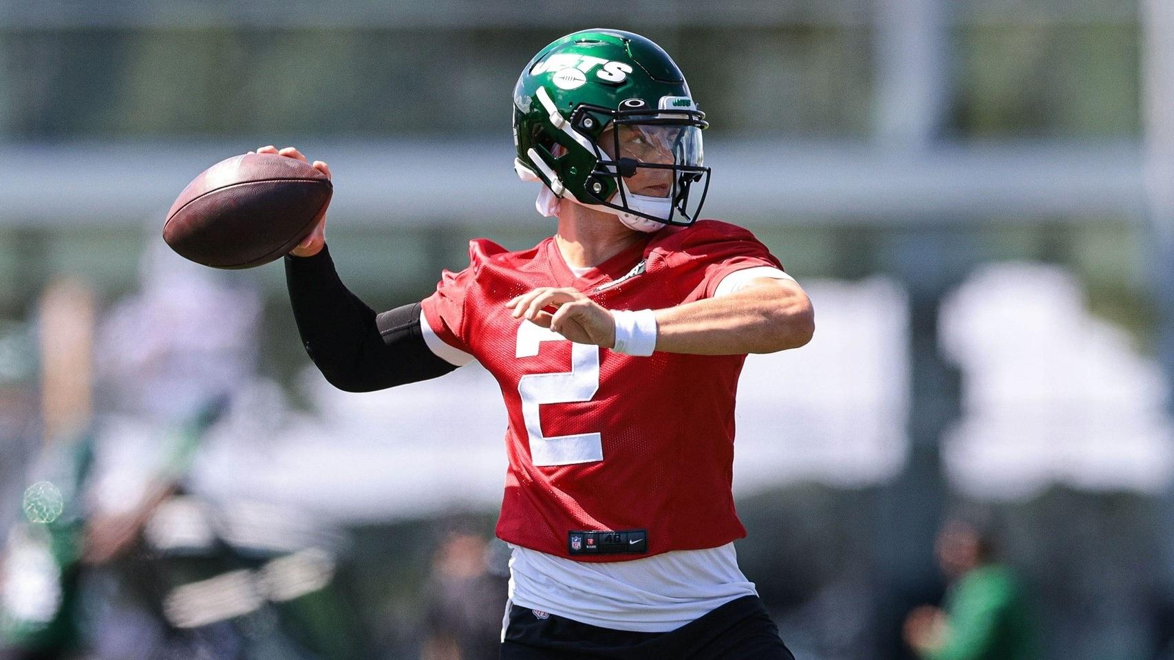 Jul 31, 2021; Florham Park, NJ, USA; New York Jets quarterback Zach Wilson (2) throws the ball during training camp at Atlantic Health Jets Training Center.