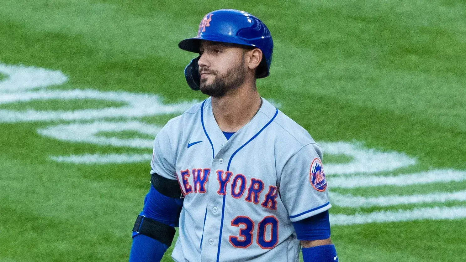 Apr 7, 2021; Philadelphia, Pennsylvania, USA; New York Mets right fielder Michael Conforto (30) reacts in front of Philadelphia Phillies catcher J.T. Realmuto (10) after striking out with bases loaded to end the fourth inning at Citizens Bank Park. Mandatory Credit: Bill Streicher-USA TODAY Sports / Bill Streicher-USA TODAY Sports