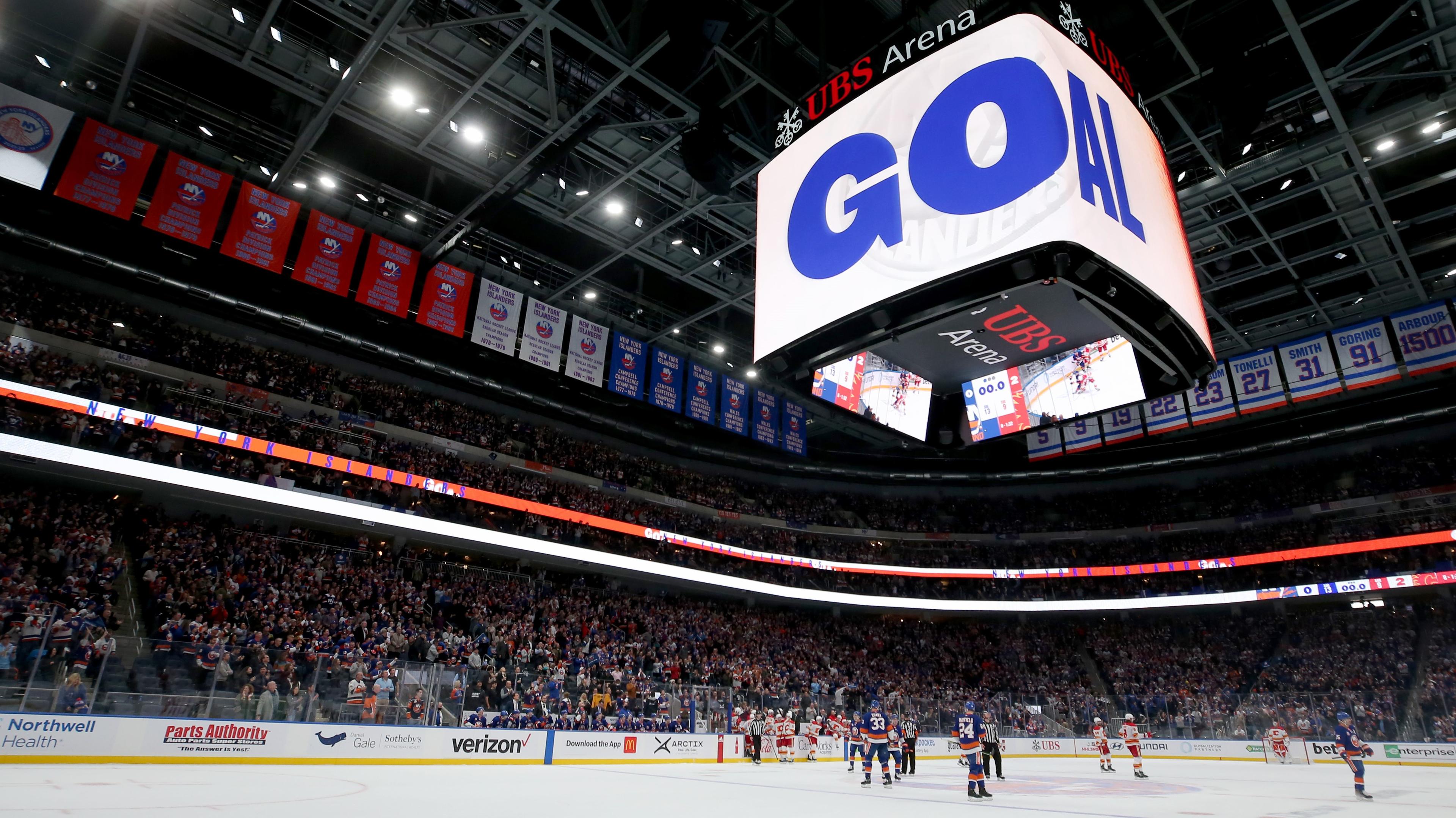 Nov 20, 2021; Elmont, New York, USA; General view of UBS Arena after a goal by New York Islanders center Brock Nelson (29) against the Calgary Flames during the first period at UBS Arena. Mandatory Credit: Brad Penner-USA TODAY Sports