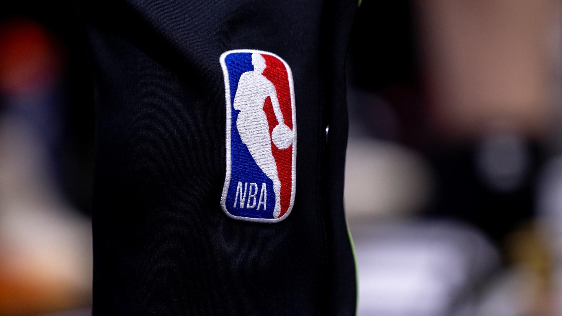 Apr 29, 2024; New Orleans, Louisiana, USA; Detailed view go the NBA logo between the New Orleans Pelicans and the Oklahoma City Thunder r during the second half of game four of the first round for the 2024 NBA playoffs at Smoothie King Center. 