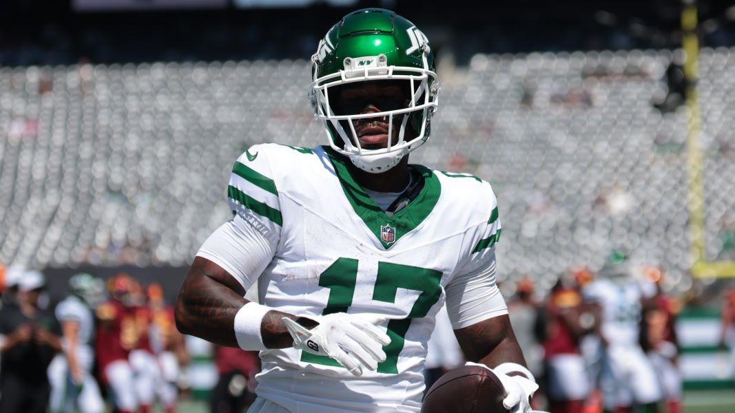 Aug 10, 2024; East Rutherford, New Jersey, USA; New York Jets wide receiver Malachi Corley (17) during warm ups before the game against the Washington Commanders at MetLife Stadium.