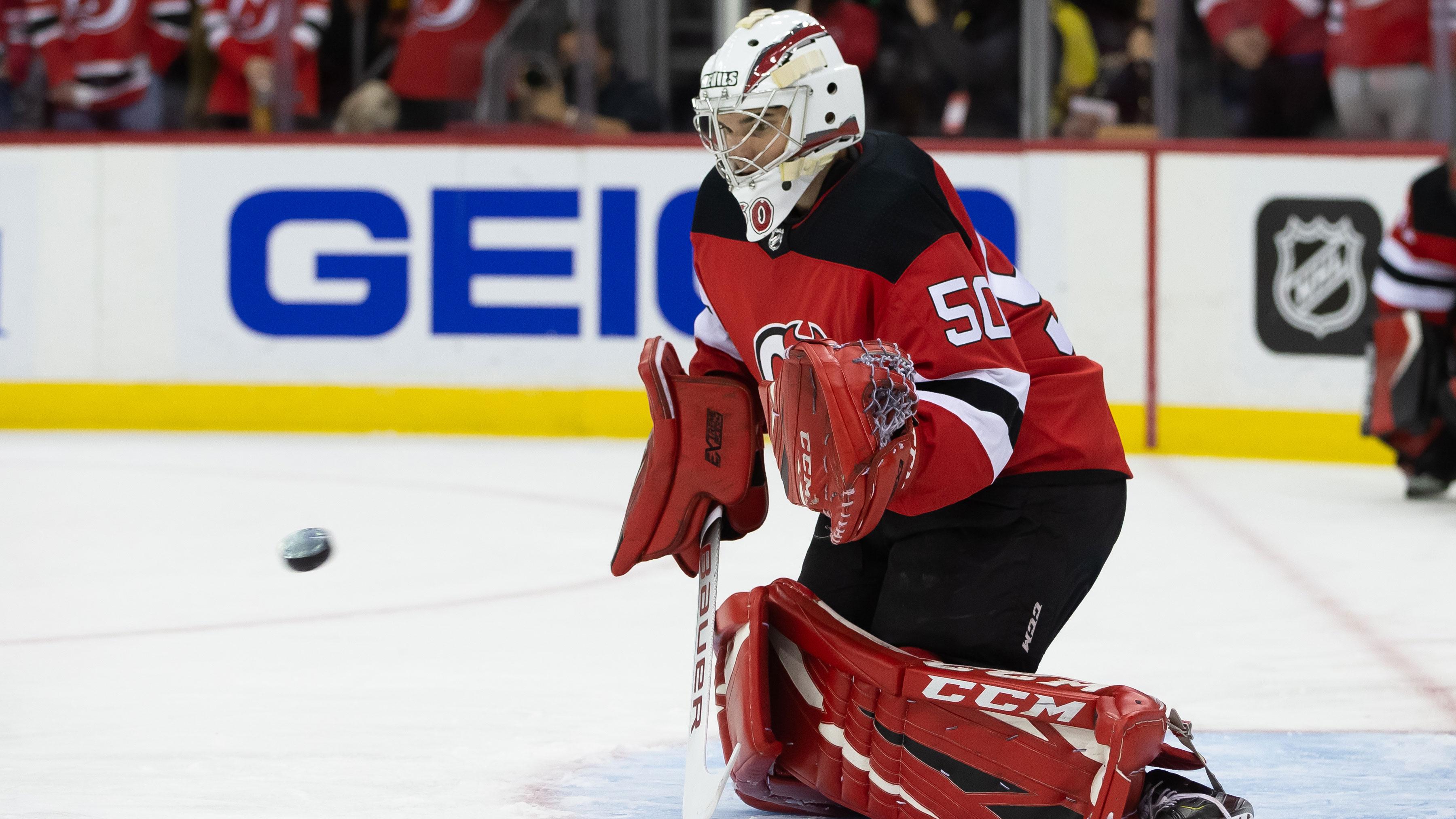 Oct 23, 2021; Newark, New Jersey, USA; New Jersey Devils goaltender Nico Daws (50) warms up before the game against Buffalo Sabres at Prudential Center.