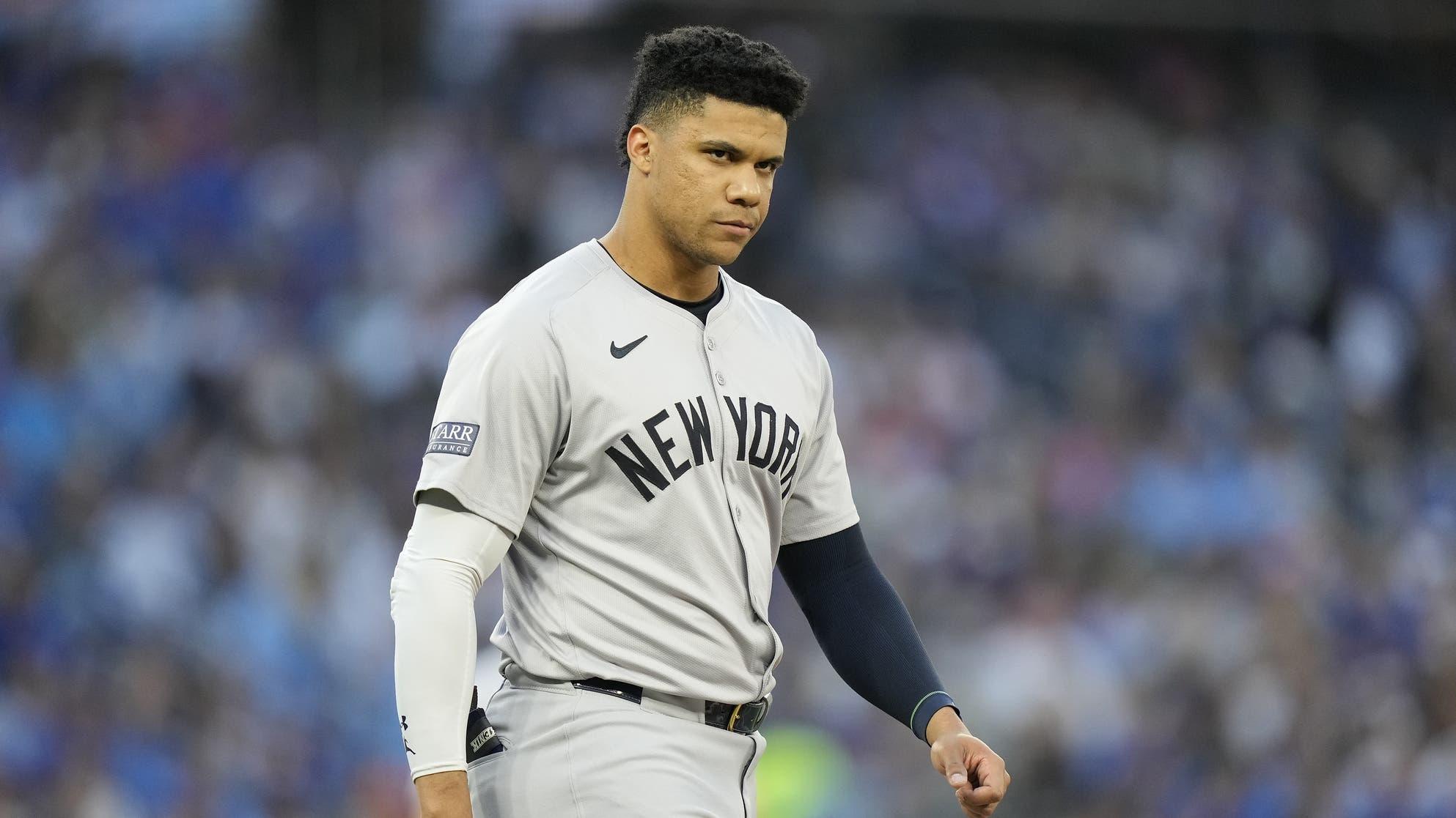 Jun 27, 2024; Toronto, Ontario, CAN; New York Yankees right fielder Juan Soto (22) reacts after striking out against the Toronto Blue Jays during the fifth inning at Rogers Centre. / John E. Sokolowski-USA TODAY Sports