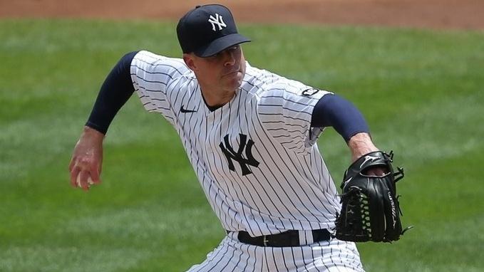 May 2, 2021; Bronx, New York, USA; New York Yankees starting pitcher Corey Kluber (28) pitches against the Detroit Tigers during the first inning at Yankee Stadium.