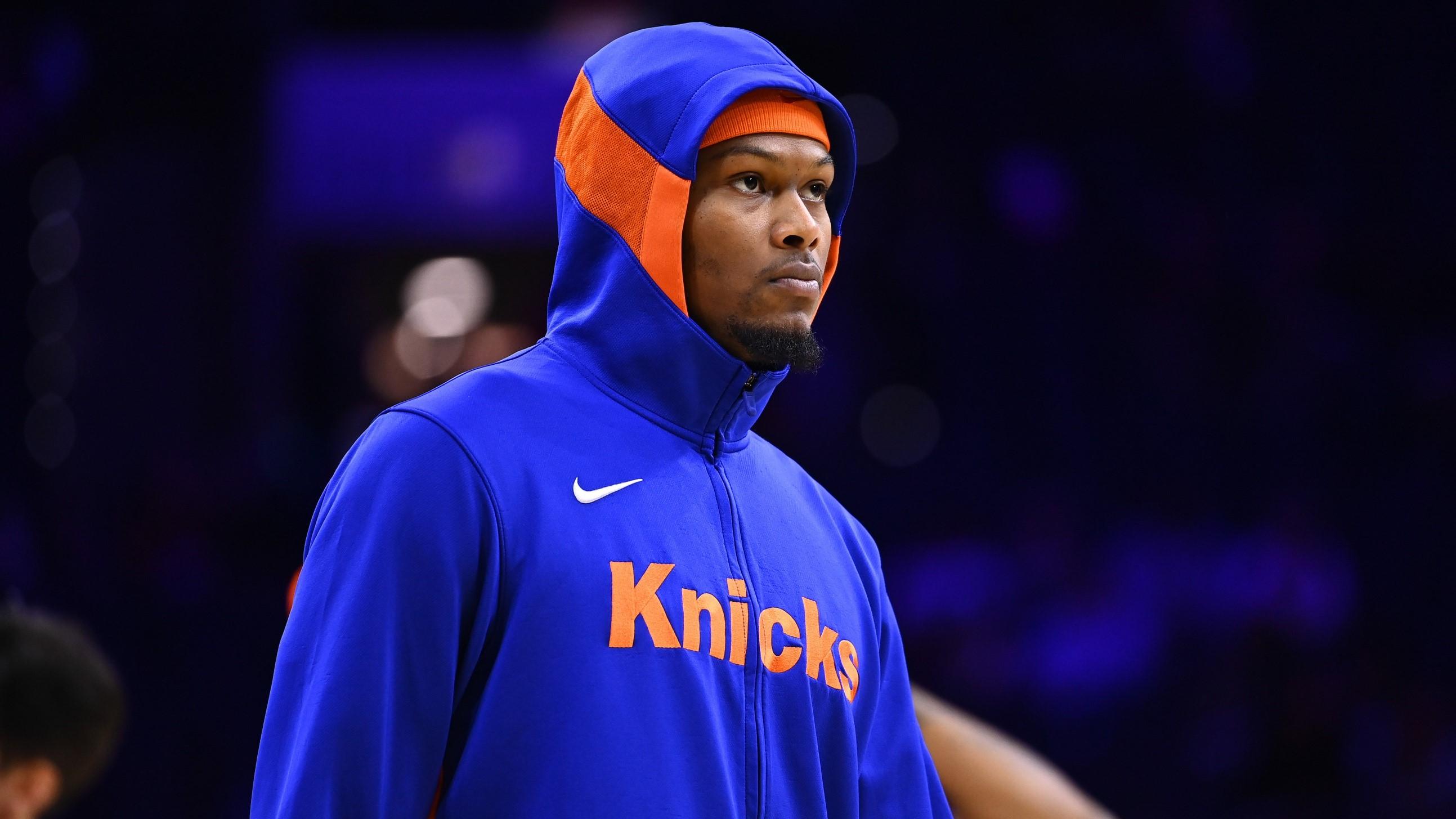 Nov 4, 2022; Philadelphia, Pennsylvania, USA; New York Knicks forward Cam Reddish (0) warms up before the game against the Philadelphia 76ers at Wells Fargo Center.