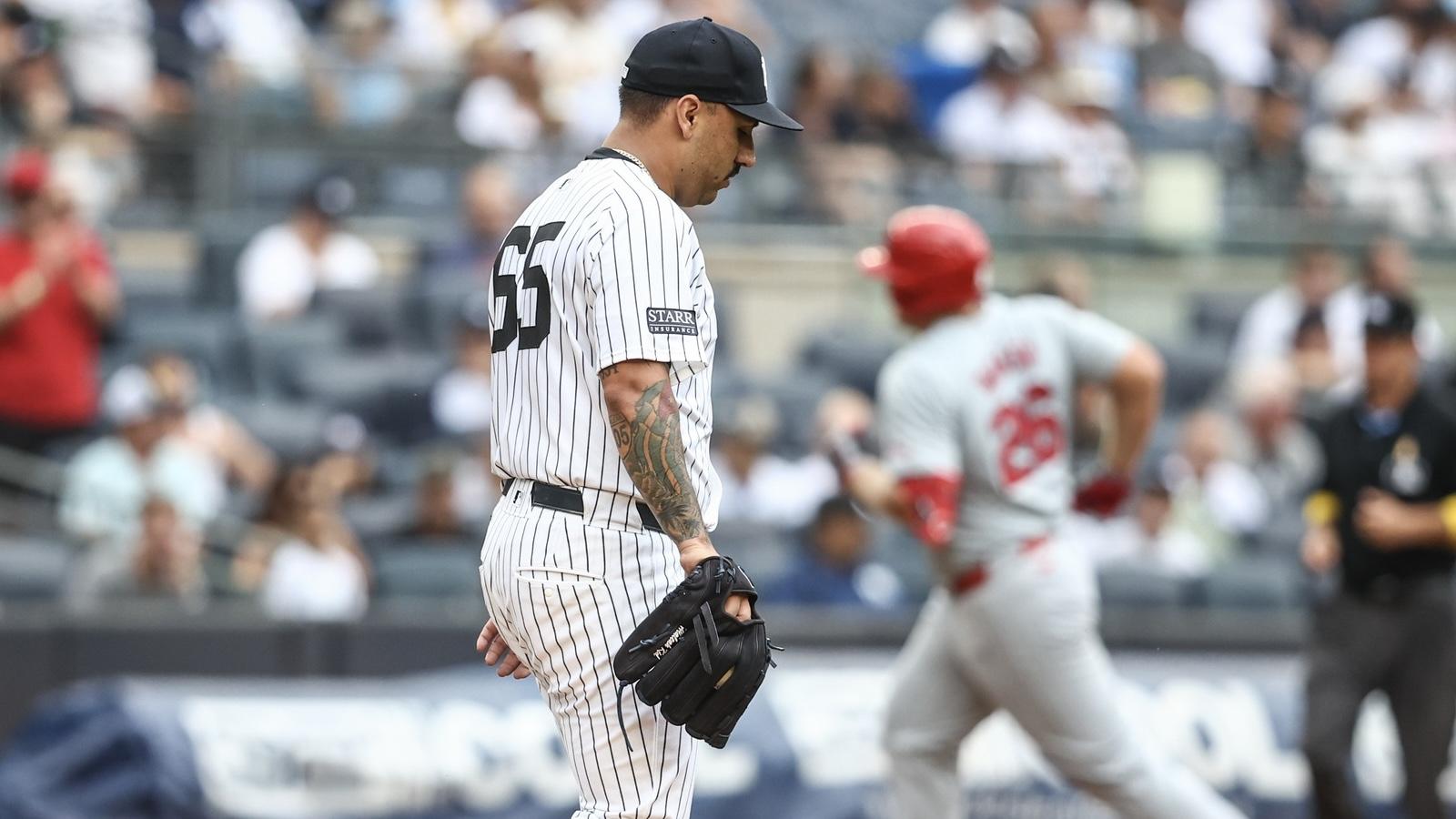 New York Yankees starting pitcher Nestor Cortes (65) reacts after giving up a two run home run to St. Louis Cardinals designated hitter Luken Baker (26) in the fourth inning at Yankee Stadium.