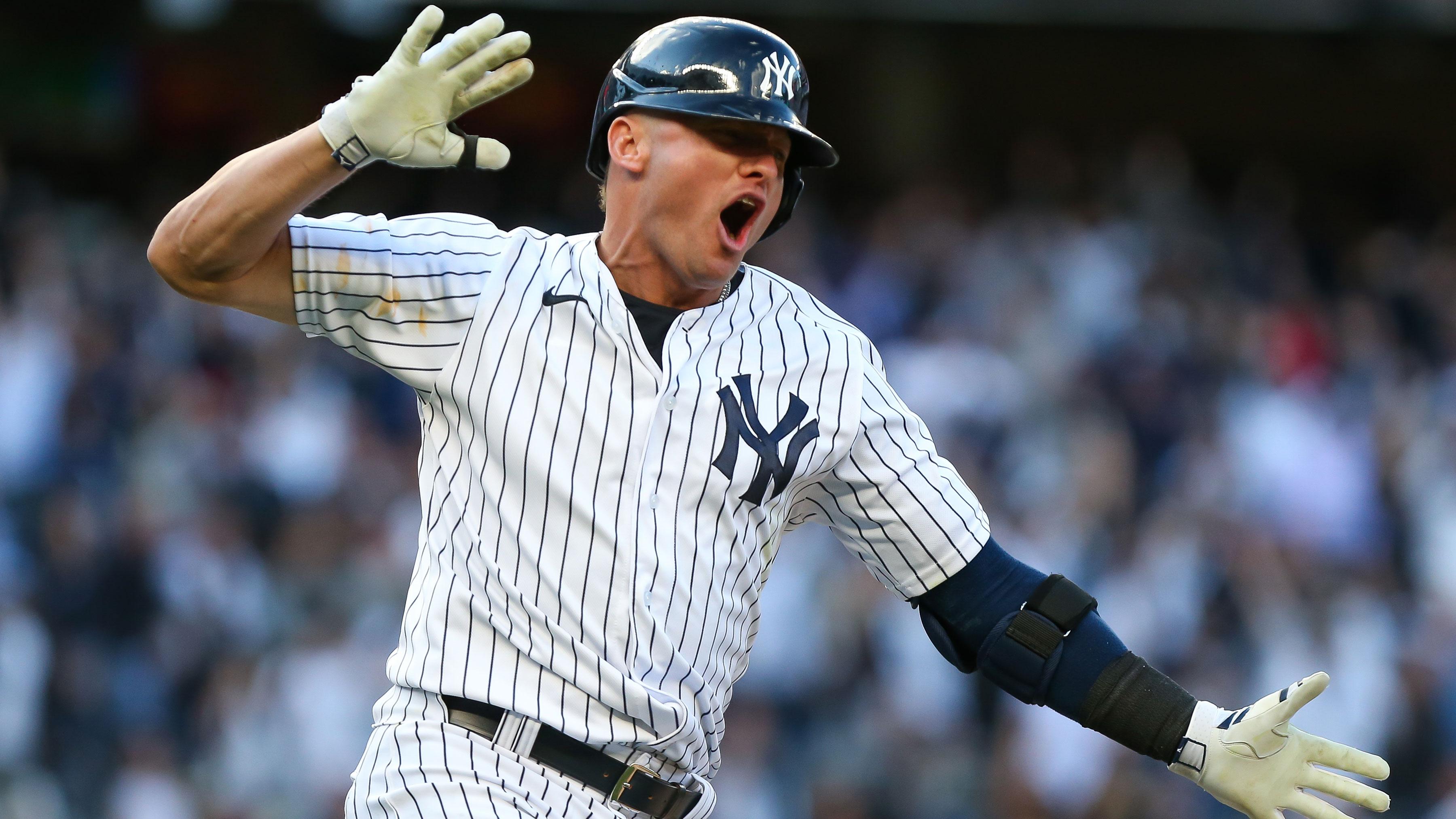 Apr 8, 2022; Bronx, New York, USA; New York Yankees third baseman Josh Donaldson (28) celebrates after hitting the game winning single to drive in an RBI and defeat Boston Red Sox in the bottom of the 12th inning at Yankee Stadium.