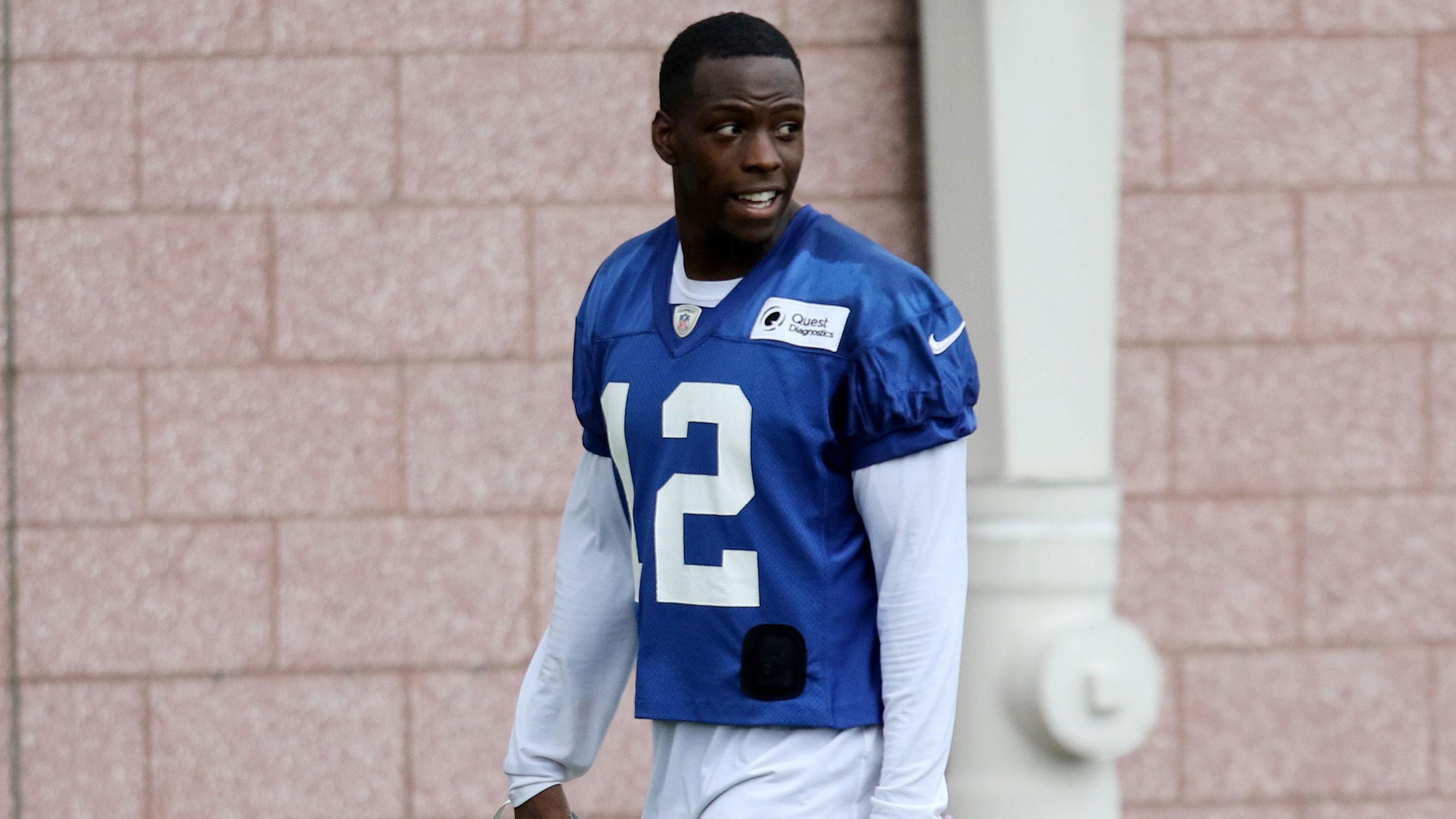 Giants wide receivers John Ross (12) and Derrick Dillon are shown as they walk off the practice field, in East Rutherford. Thursday, July 29, 2021 Giants