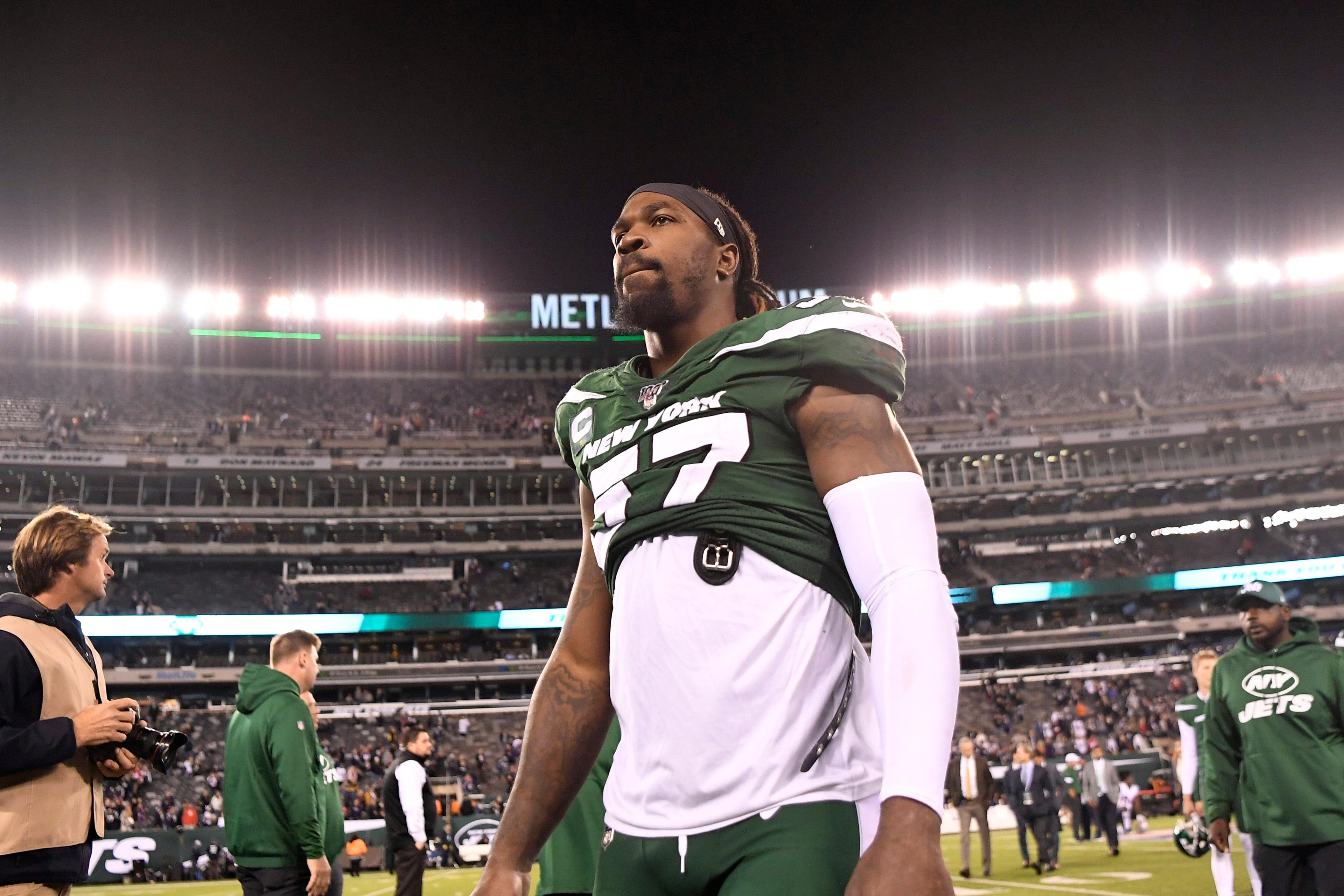 New York Jets linebacker C.J. Mosley (57) walks off the field after a disappointing return. The New England Patriots shut out the New York Jets, 33-0, at MetLife Stadium on Monday, Oct. 21, 2019,