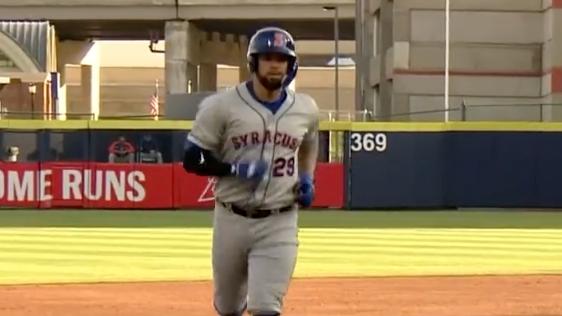 Gary Sanchez rounds the bases after hitting his first home run for Triple-A Syracuse.