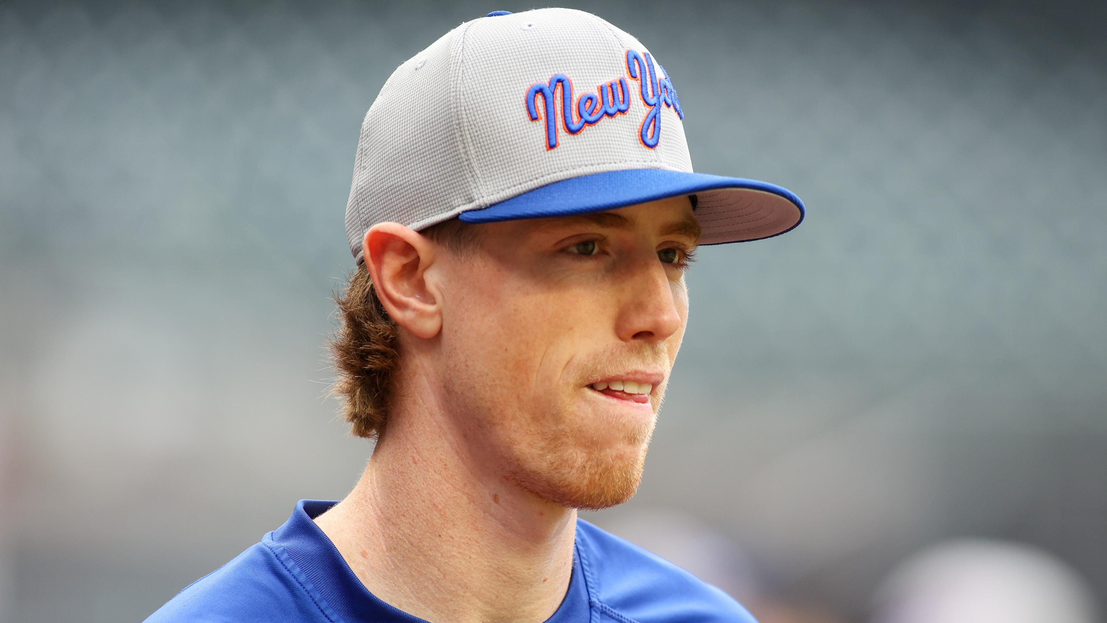 Apr 10, 2024; Atlanta, Georgia, USA; New York Mets third base Brett Baty (22) before batting practice at Truist Park. The game against the Atlanta Braves was postponed due to impending weather. Mandatory Credit: Brett Davis-USA TODAY Sports